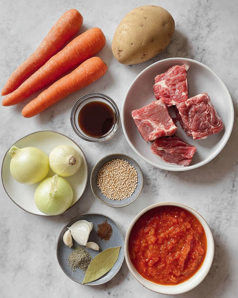 The image shows a collection of cooking ingredients neatly arranged on a white marbled surface. There are two bright orange carrots and a large light brown potato placed near the top. To the right, a white bowl holds several raw pieces of marbled red and white meat. Below the carrots and potato, a clear glass cup contains a dark brown liquid. Next to it, a small white bowl is filled with light brown grains. Near the bottom left, a white plate holds two yellow onions, three garlic cloves, and a small gray dish with greenish dried herbs and a pale green bay leaf. To the right, a white bowl contains a vibrant red chunky tomato sauce, and below it, a small gray dish has a dark brown powder. The entire setup is clean and organized with a natural lighting effect. photo taken with an iphone --ar 4:5 --v 7