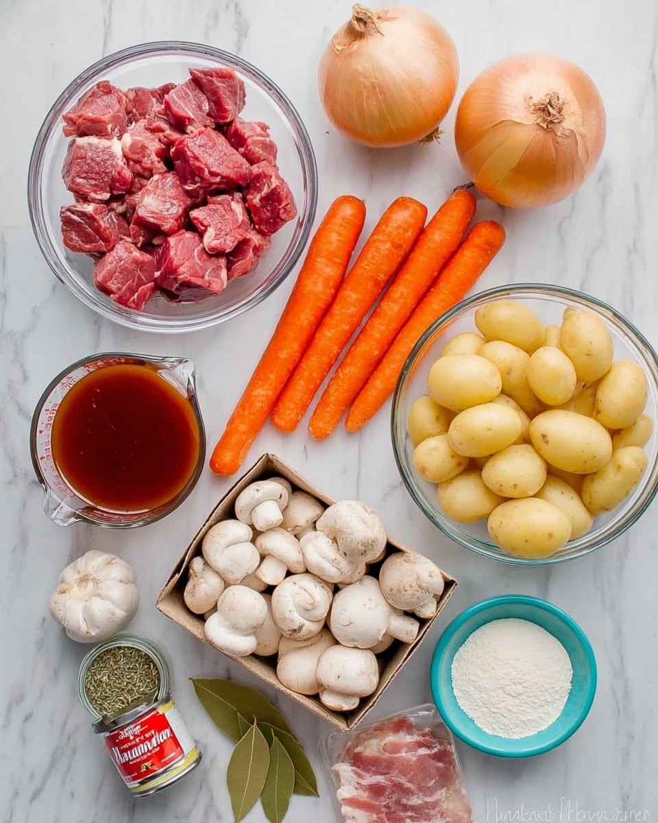 The image shows ingredients neatly placed on a white marbled surface. There is a clear glass bowl at the top left filled with red, raw chunks of meat, next to a whole onion with a light brown skin. Below the onion, two long, bright orange carrots lie side by side. To the right of the carrots, a clear glass bowl holds many small, light yellow potatoes. Below the potatoes, there is a glass measuring cup filled with a dark reddish-brown liquid. A cardboard box filled with many small white mushrooms is positioned below the meat. Near the mushrooms, a small can with a red label of tomato paste and a small plastic jar of thyme leaves are placed next to each other. Below the tomato paste and thyme, there is a small turquoise bowl filled with white flour and a small white bowl with pieces of uncooked bacon. Two bay leaves and a clove of garlic lay near the bottom left corner. photo taken with an iphone --ar 4:5 --v 7