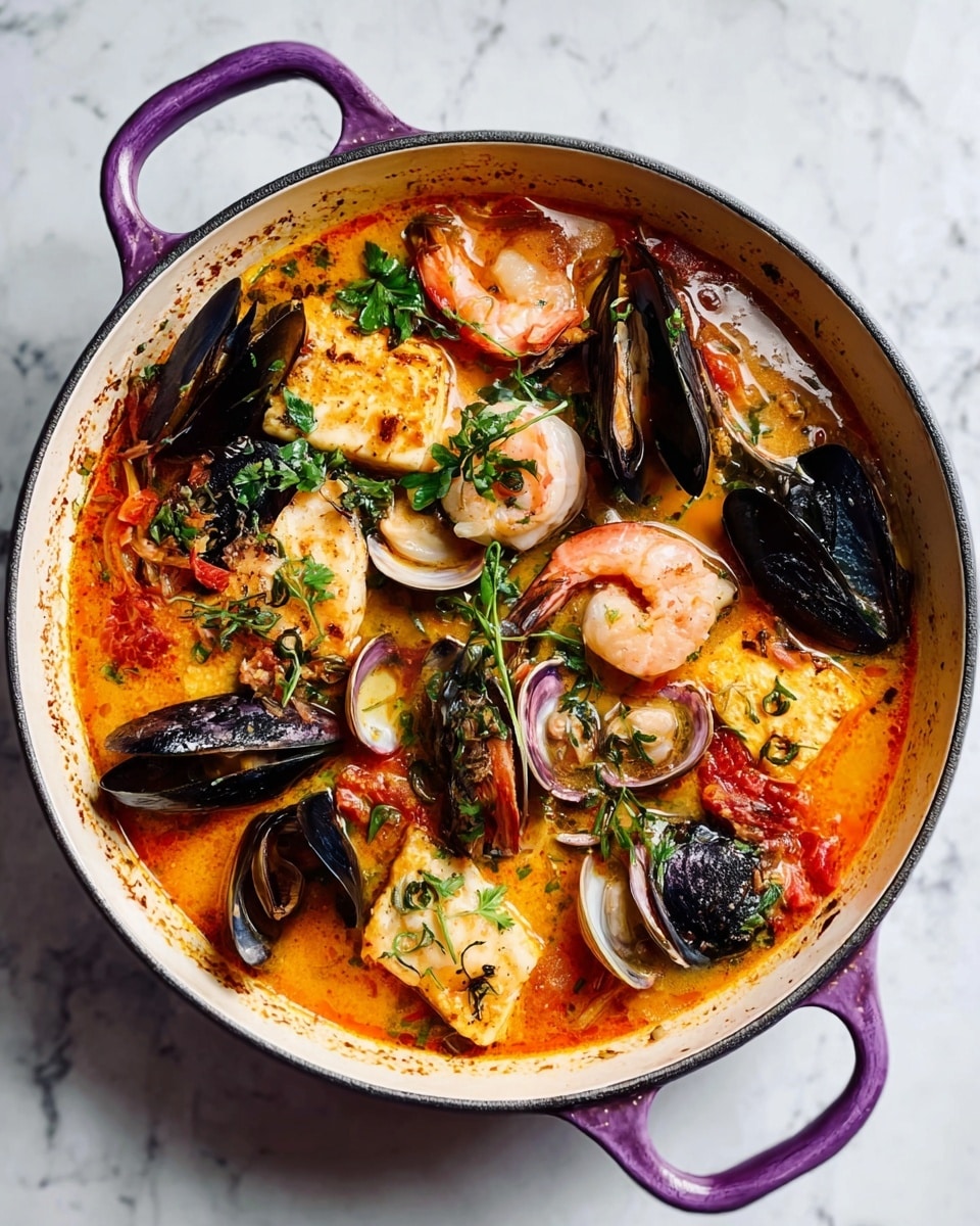A white pan with two purple handles holds a mixed seafood dish, showing many layers. The base is a soft, orange sauce with some red hints, covering the bottom. On top, there are different seafood pieces, including black mussels, pink shrimp, light beige fish chunks, and some beige clams. Small green herb leaves are scattered around for color. The pan is placed on a white marbled surface. photo taken with an iphone --ar 4:5 --v 7