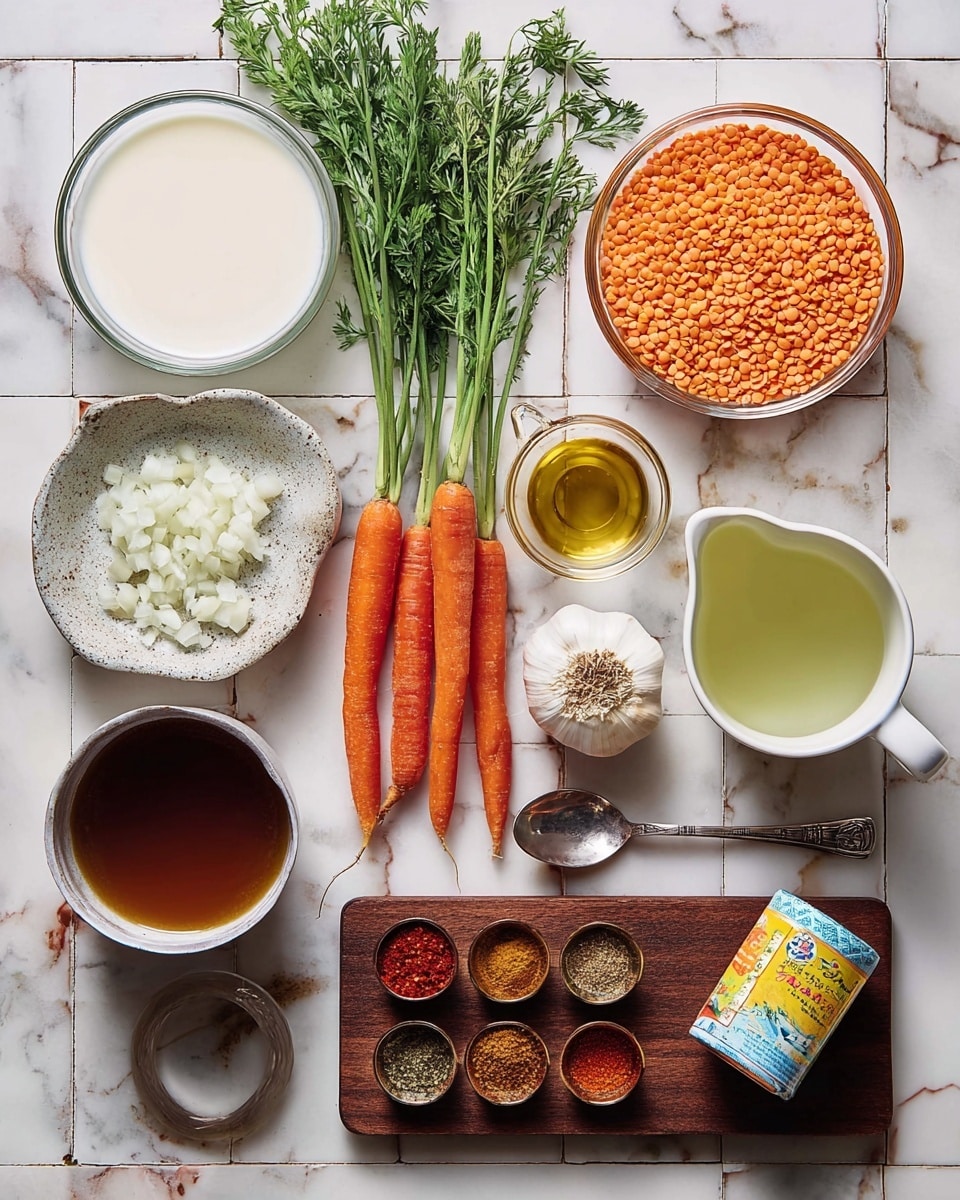 The image shows a flat lay of fresh and dry cooking ingredients placed neatly on a white marbled surface. In the center lies a bunch of three fresh orange carrots with green tops, slightly angled downwards. To the top left, a clear glass bowl holds a thick white creamy liquid. On the top right side next to the carrots, an amber glass bowl with orange lentils fills the frame. Below the lentils is a small white measuring cup filled with chopped white onions. To the far right, a small glass pitcher holds a pale green olive oil, and below it, a small glass measuring cup contains a golden liquid. Above the carrots, a dark wooden tray displays three garlic cloves and a small spoon with chili flakes and powder. At the bottom left, a white bowl contains a dark broth with a silver spoon resting inside. Beside the broth, another dark wooden tray holds five decorative spoons filled with different spices in vibrant red, brown, yellow, and beige tones. Lastly, a small white bowl with the label