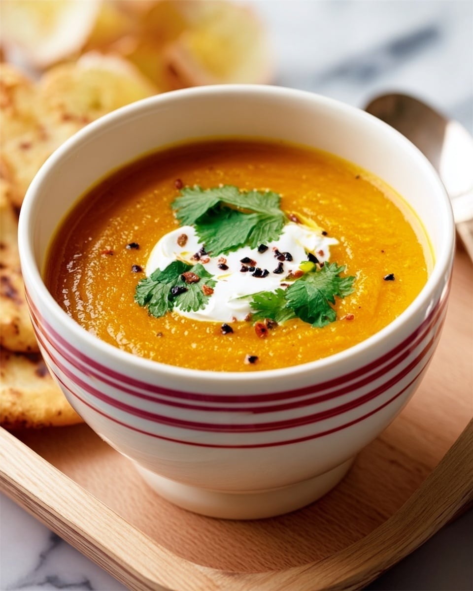 A small white bowl with red stripes on the outside is filled with smooth, bright orange soup. On top of the soup is a dollop of white cream, sprinkled with small dark seeds and garnished with bright green cilantro leaves. The bowl sits on a light wooden tray with round, flat toasted bread pieces nearby. In the background, there is an out-of-focus arrangement with a yellowish tone on a white marbled surface. photo taken with an iphone --ar 4:5 --v 7