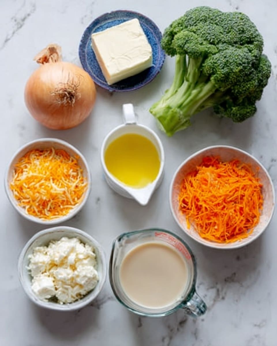 The image shows various cooking ingredients placed neatly on a white marbled surface. There is a whole light brown onion on the left, next to fresh green broccoli with a thick stalk. In front of the broccoli, there are two small white bowls with beige garlic cloves and small shredded orange cheese. Behind these, there is a small white cup filled with melted yellow butter and a white square of solid butter on a blue dish. To the right, a clear glass measuring cup is filled with light cream, and another clear cup below it has light brown broth. Finally, there is a small white bowl filled with bright orange shredded carrots. All items are arranged with clear spaces in between, showing texture and color contrast. photo taken with an iphone --ar 4:5 --v 7