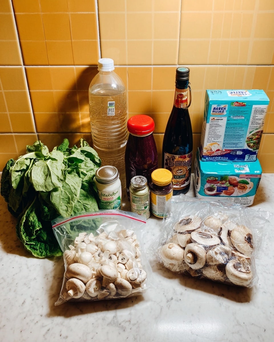 The image shows various cooking ingredients arranged on a white marbled surface by a tiled wall with beige and yellow shades. There is a large bunch of green leafy vegetables on the lower left side. In front are two clear plastic bags – one with sliced white mushrooms and the other with mixed mushrooms. Behind the mushrooms, there is a white container with a blue lid, to the left of which are a small white jar, a red-capped plastic bottle, and a dark amber bottle with a yellow cap. Behind these lie a tall clear bottle with light brown liquid, a blue carton box, and a dark bottle with a white cap on the right side. Everything looks fresh and ready for cooking, with neat labeling and colorful packaging. photo taken with an iphone --ar 4:5 --v 7