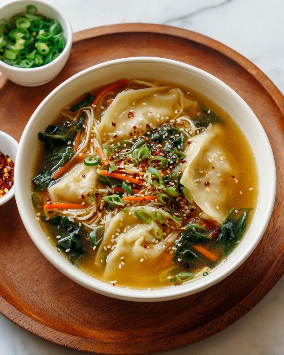 A white bowl filled with four light beige dumplings floating in golden broth, topped with sprinkled white sesame seeds and red chili flakes. Thin white noodles weave through the soup, mixed with bright orange carrot strips and dark green leafy vegetables. Chopped green onions add fresh green color on top. The bowl rests on a round wooden board that sits on a white marbled surface. Part of a white bowl with more chopped green onions and a small white dish with red chili flakes are visible at the side. Photo taken with an iphone --ar 4:5 --v 7
