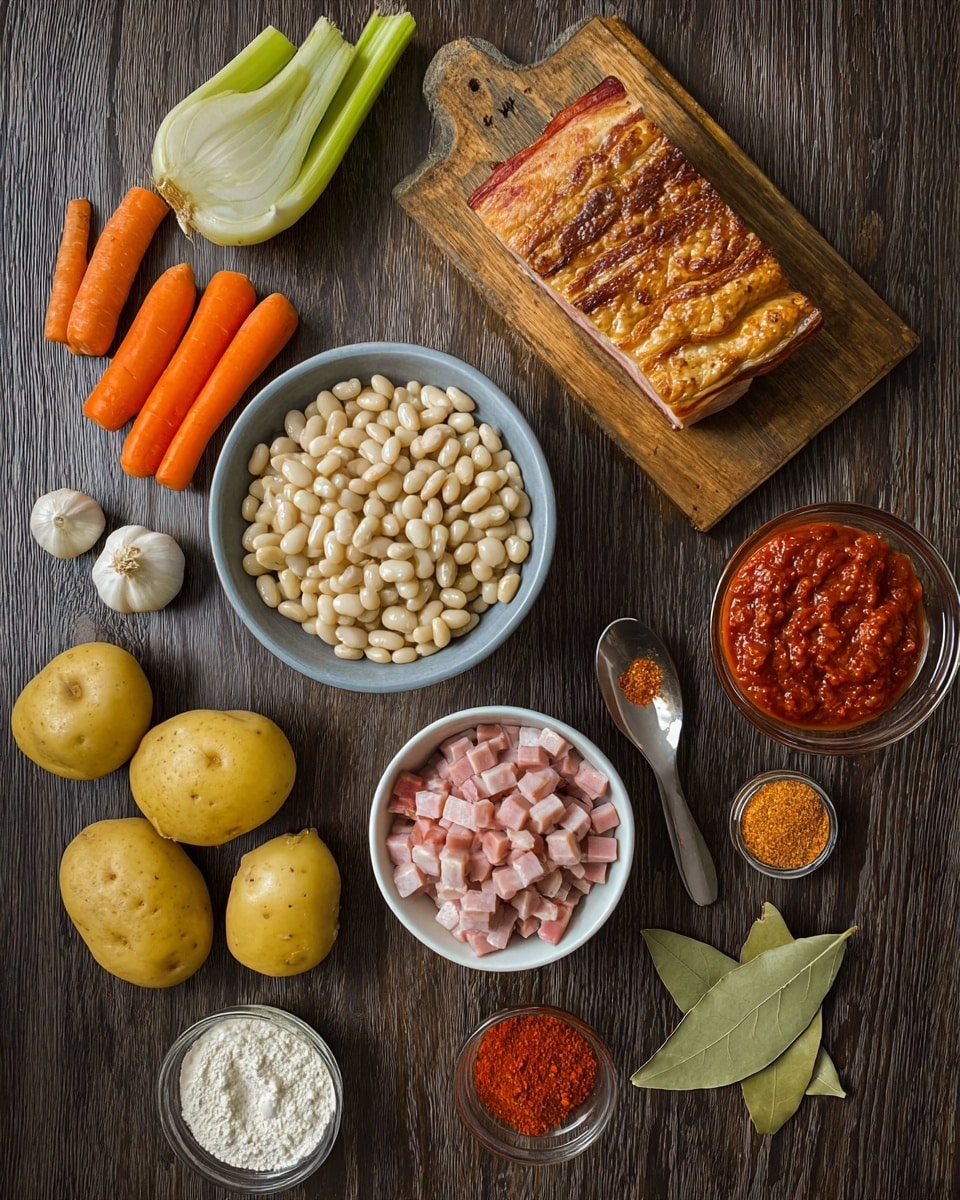 The image shows various ingredients arranged neatly on a dark wood surface. In the center, there is a bowl filled with white beans. To its right, a wooden cutting board holds a rectangular piece of cooked pork with crispy skin. Below the beans, a white bowl contains diced ham. Around these main items, there are four yellow potatoes at the bottom left, a whole onion to the right, two orange carrots and a celery stalk at the top. A small bowl with garlic cloves is near the bottom left, a small bowl with white powder (flour) is near the onion, a spoon holding red paste (tomato paste) lays on the top right, and a small spoon with red powder (paprika or chili) and a small round glass container with red powder are closer to the right side. A small bowl with solid white fat sits at the top left. There is also a single bay leaf near the bottom right. The surface is a white marbled texture photo taken with an iphone --ar 4:5 --v 7