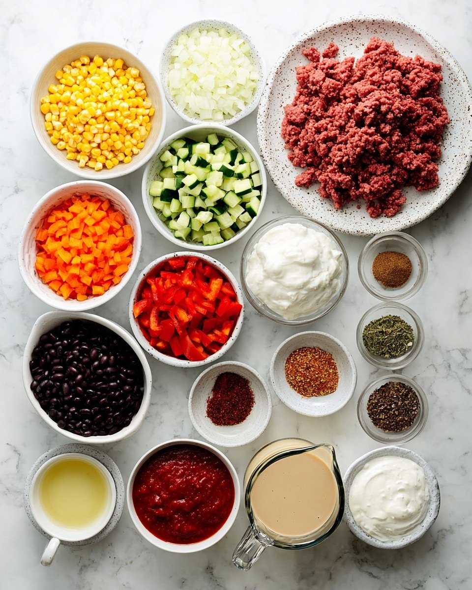 The image shows an overhead view of different cooking ingredients arranged neatly on a white marbled surface. There are eleven small white bowls and plates with food items: bright yellow corn kernels, finely chopped white onion, a pile of ground red meat on a large white speckled plate, diced green zucchini, finely chopped orange carrots, chopped red bell pepper, black beans in a white colander, dollops of sour cream or yogurt, a bowl of chunky red tomato sauce, three small piles of brown, green, and red spices mixed on one plate, a small white bowl of light yellow liquid, and a clear glass jug filled with creamy beige liquid. The colors are vivid and the items appear fresh. photo taken with an iphone --ar 4:5 --v 7