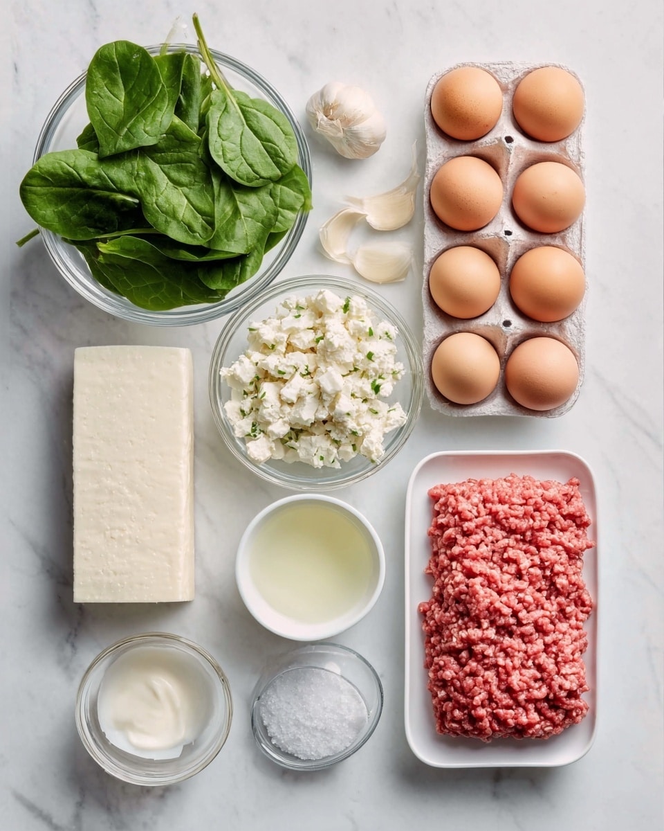 A white marble surface holds several arranged ingredients: on the left, fresh green spinach with smooth leaves, next to a block of white cheese and a small pile of crumbled cheese with a creamy texture. Above, there is a clear glass bowl of small white pieces with hints of red and green mixed in. To the right, ten brown eggs are aligned in two neat rows. Nearby, a small white bowl with pale liquid sits next to a small clear glass container of white powder and a small clear bowl with a salt-like substance. On the far right, a white rectangular tray contains finely textured raw ground meat with a reddish-pink color. photo taken with an iphone --ar 4:5 --v 7