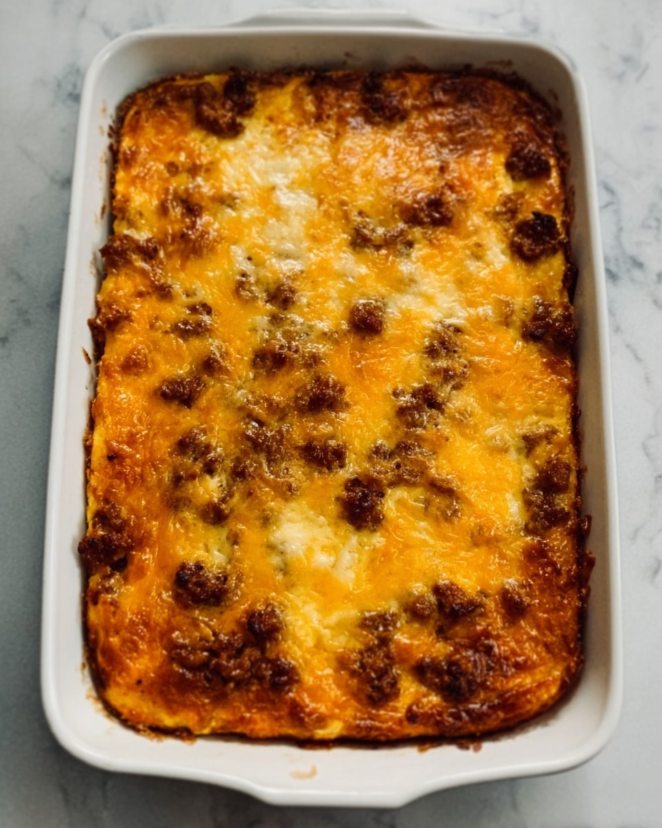 The image shows a rectangular white baking dish filled with a baked casserole. The top layer is golden brown with melted cheese and small browned spots of cooked meat spread evenly on the surface. The cheese layer has a slightly bubbly texture with some crispy edges around the meat bits. The baking dish is set on a white marbled surface. Photo taken with an iphone --ar 4:5 --v 7