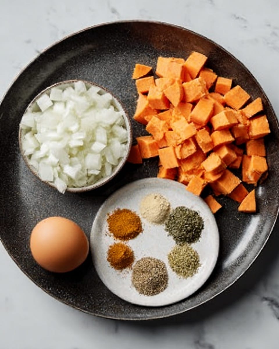 On a large dark round pan, there are four groups of ingredients carefully placed. One group is diced orange sweet potatoes, rough and firm, in a small pile in the upper right part. Next to it, on the left side, there is a small white bowl filled with chopped white onions that look fresh and moist. Below the onions, a white plate holds six small piles of different dry spices, each a different earthy color: light yellow, brown, dark green, black, and beige. Lastly, at the bottom left near the plate, there is a single whole brown egg with a smooth shell. The whole scene is set on a white marbled surface. photo taken with an iphone --ar 4:5 --v 7