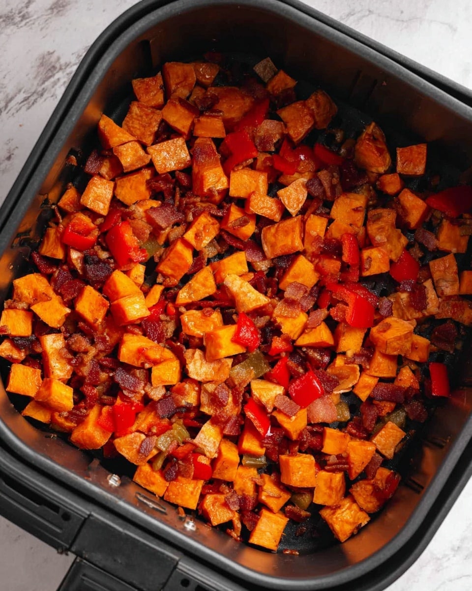 The image shows small, evenly diced pieces of sweet potatoes, red bell peppers, and bacon cooked together in an air fryer basket. The sweet potatoes have a bright orange color with some sides slightly browned, indicating they are cooked to a crisp texture. The red bell peppers add a pop of vibrant red among the orange cubes, while small bits of crispy bacon are scattered throughout, adding a rich brown color and a slightly shiny texture. The air fryer basket is dark and contrasts with the vivid colors of the cooked ingredients. The background surface has a white marbled texture. photo taken with an iphone --ar 4:5 --v 7