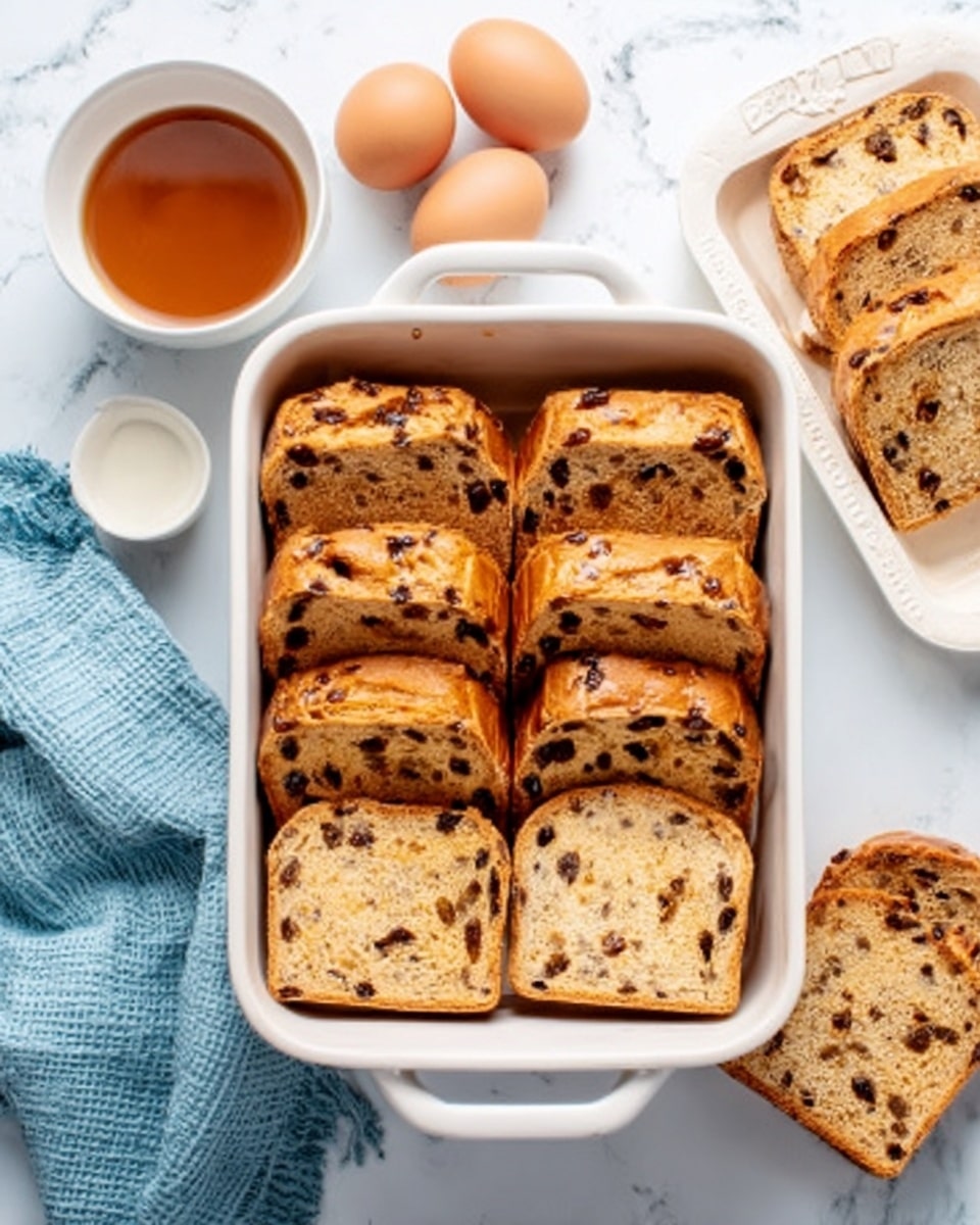 The image shows six square slices of raisin bread neatly placed inside a white rectangular baking dish with handles. The bread has a light brown color with visible dark raisins scattered throughout each slice. Nearby, there is a white bowl with brown eggs, a small white bowl holding a brown liquid, and a white tray with more slices of the same raisin bread. All items are arranged on a white marbled surface. A blue cloth is partially visible on the side. The photo taken with an iphone --ar 4:5 --v 7
