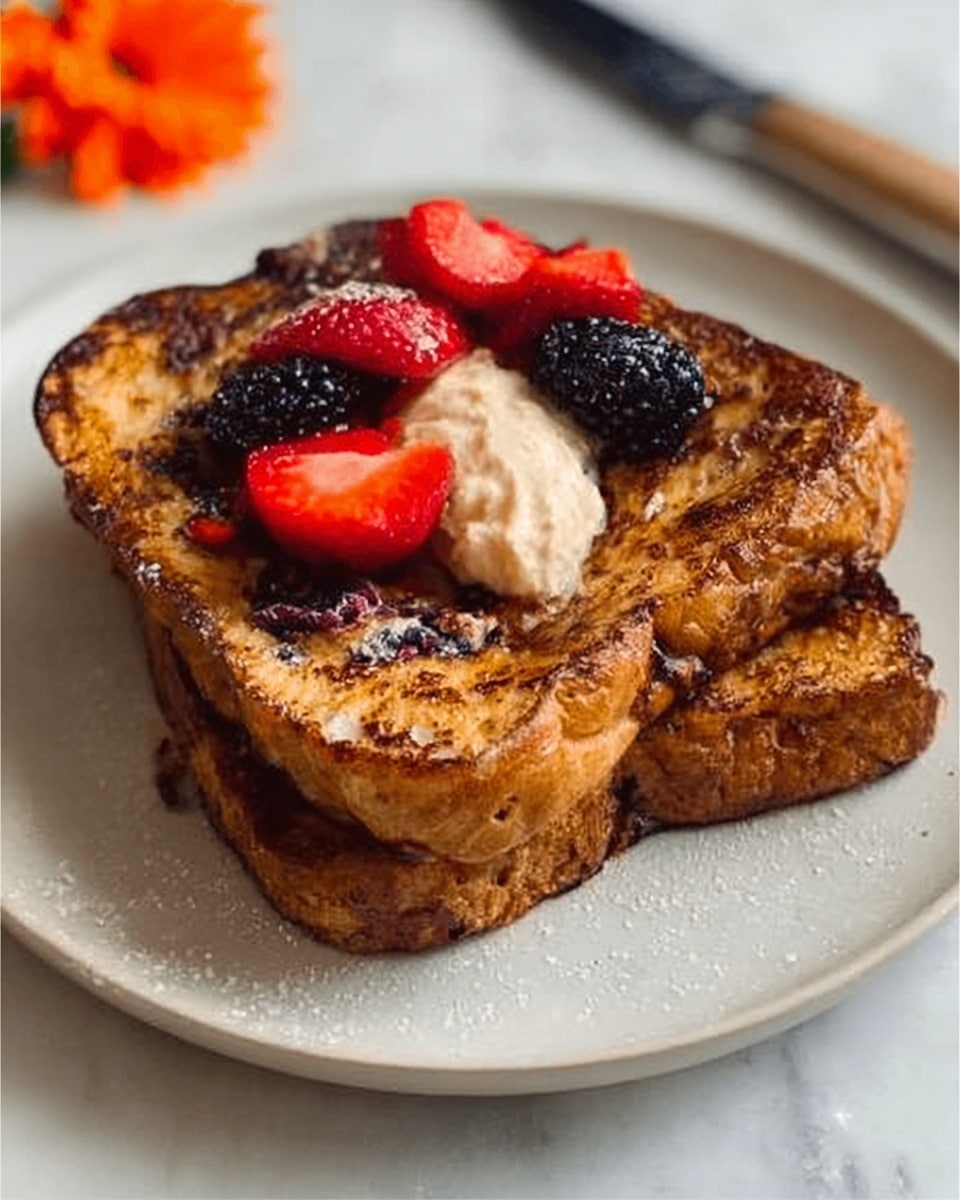 A white plate on a white marbled surface holds two thick slices of golden-brown French toast, stacked slightly askew. On top, there are fresh sliced strawberries and dark blackberries, with a dollop of light beige cream placed in the center. The toast edges are crispy with small air pockets visible on the surface, showing a soft inside. In the background, a blurred glimpse of a knife and a bright orange flower can be seen. photo taken with an iphone --ar 4:5 --v 7