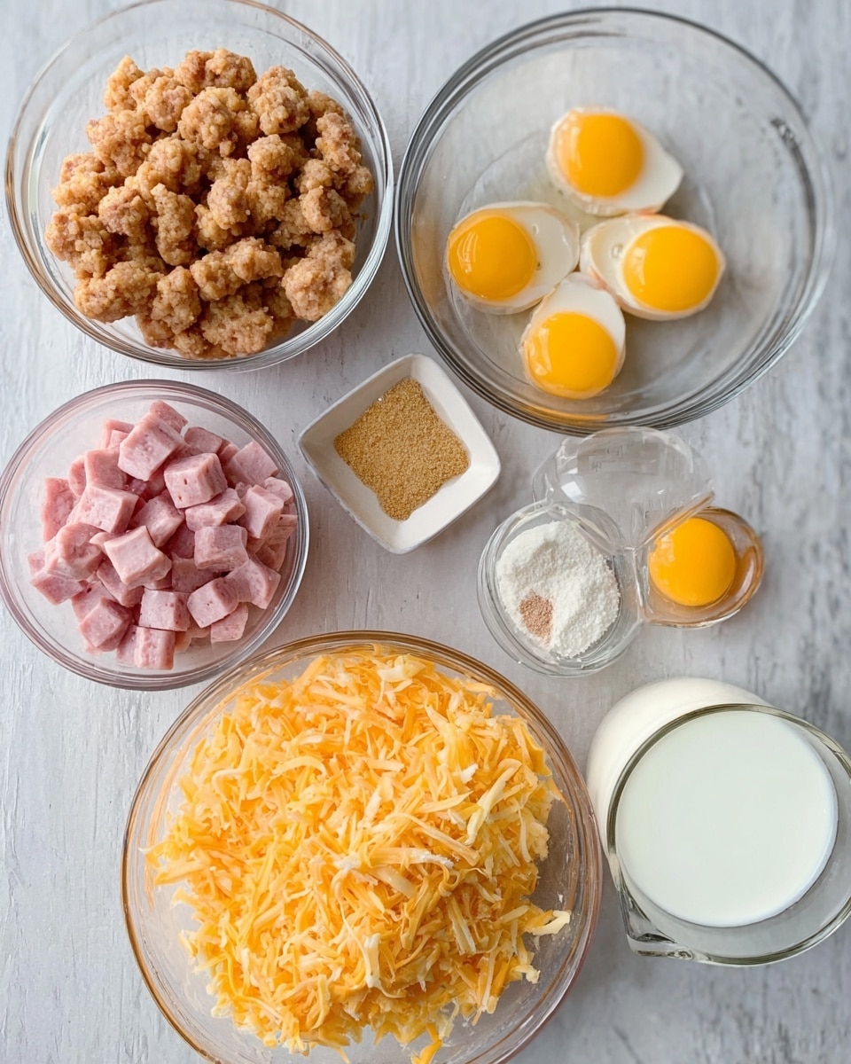 The image shows six clear glass bowls arranged on a white marbled surface. In the top right bowl, there are four raw eggs with bright yellow yolks and clear whites. To the left of it, a bowl is filled with small brown sausage pieces. Below that, a measuring cup holds small pink diced ham cubes. On the bottom left, there is a bowl full of shredded orange cheese with white streaks. Next to the cheese is a small square dish with light brown seasoning powder. At the bottom right, there is a glass cup filled with white milk. The bowls and cups are closely placed, and the image has soft, natural lighting. Photo taken with an iphone --ar 4:5 --v 7