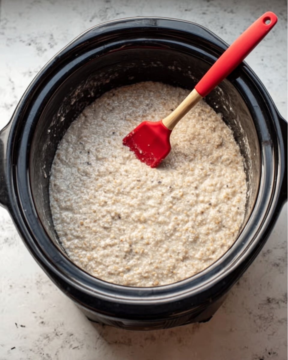 The image shows a black slow cooker filled with creamy porridge that looks thick and soft, with a shiny top mixed with small grains. Inside the slow cooker, a red silicone spatula rests on the porridge, slightly sinking into the texture. The background surface is a white marbled texture, creating a clean and simple setting. Photo taken with an iphone --ar 4:5 --v 7
