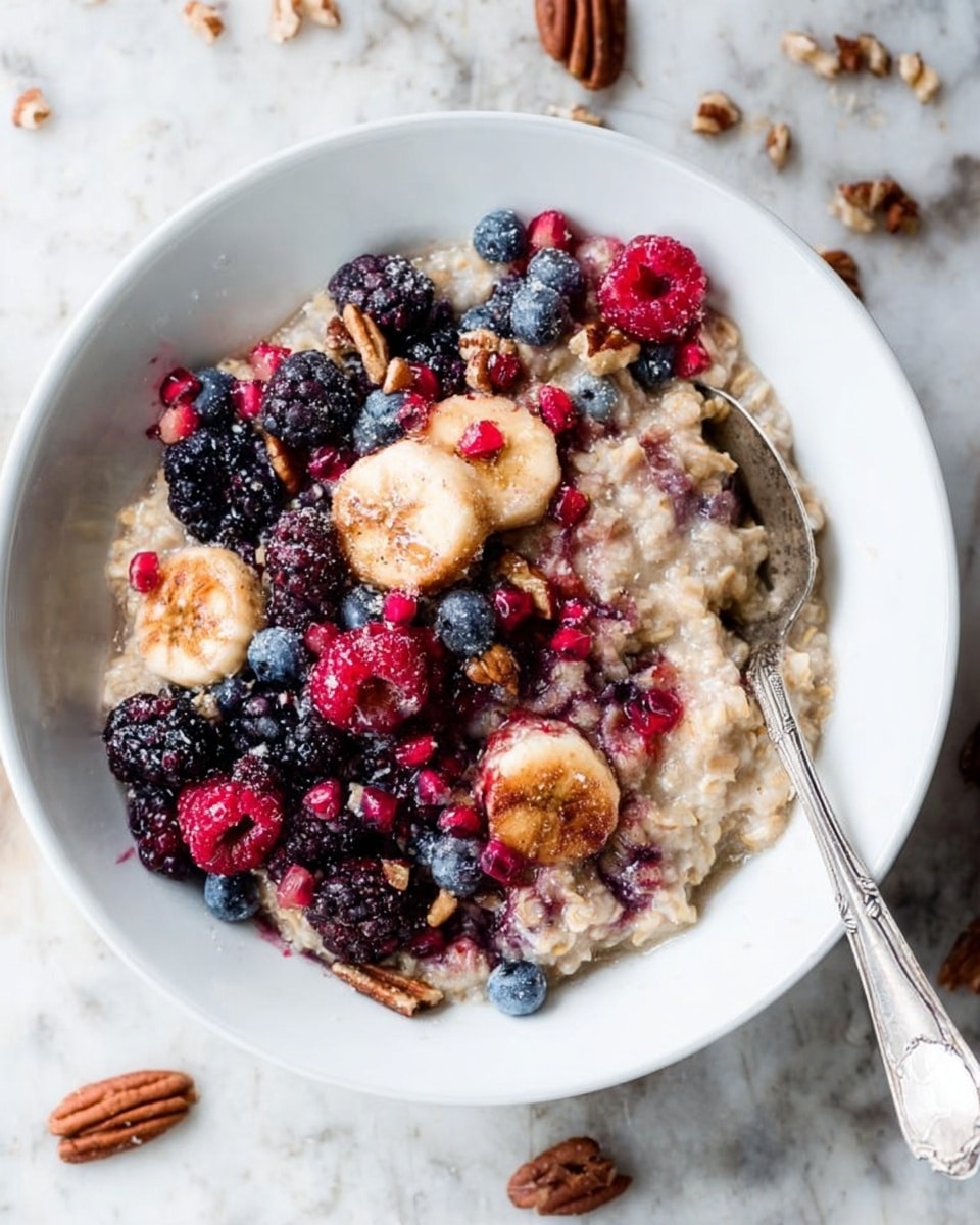 A white bowl filled with oatmeal forms the base layer, soft and creamy with a light beige color. On top, there are slices of banana with a slightly browned, caramelized surface, scattered around. Mixed berries including blackberries, blueberries, raspberries, and pomegranate seeds add deep purple, blue, red, and bright pink pops of color, giving a fresh and juicy texture. Chopped pecans are sprinkled over the oatmeal and fruit, adding crunchy, light brown bits across the dish. A vintage silver spoon rests inside the bowl, partially scooping some oatmeal and berries. The bowl sits on a white marbled surface with some pecan pieces scattered near it. Photo taken with an iphone --ar 4:5 --v 7