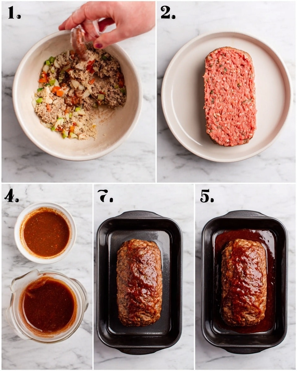 A sequence of six images shows the making of a meatloaf dish. The first image shows a white bowl filled with a mix of ground meat, breadcrumbs, and diced vegetables with a woman's hand above it adding more ingredients. The second image shows the shaped raw meatloaf on a white plate, pink and smooth in texture. The third image shows the raw meatloaf placed in a black baking tray on a white marbled surface. The fourth image shows a small white bowl filled with rich, reddish-brown sauce. The fifth image shows the meatloaf fully cooked in the black baking tray with a browned and slightly charred crust. The sixth image displays the cooked meatloaf covered with a thick layer of glossy dark sauce in the tray. All images are on a white marbled texture background. photo taken with an iphone --ar 4:5 --v 7