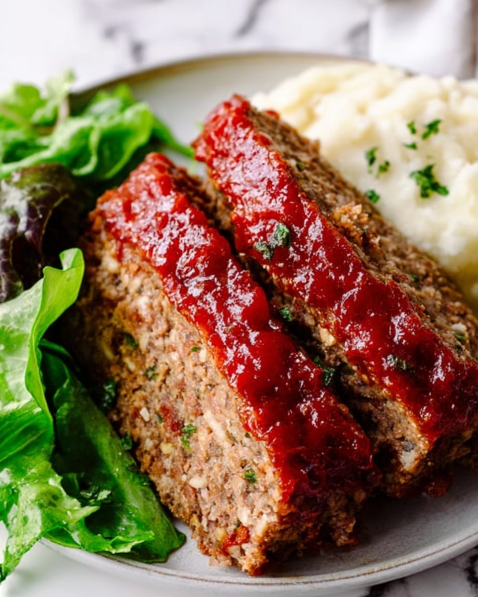 The image shows three thick slices of meatloaf with a shiny red sauce on top, revealing a moist and dense inside with small bits of herbs. The slices lie on a white plate next to a creamy mound of mashed potatoes with a smooth texture and a fresh green lettuce salad with visible leaf veins on the side. The background is a white marbled surface, and a woman's hand is just touching the edge of the plate. Photo taken with an iphone --ar 4:5 --v 7