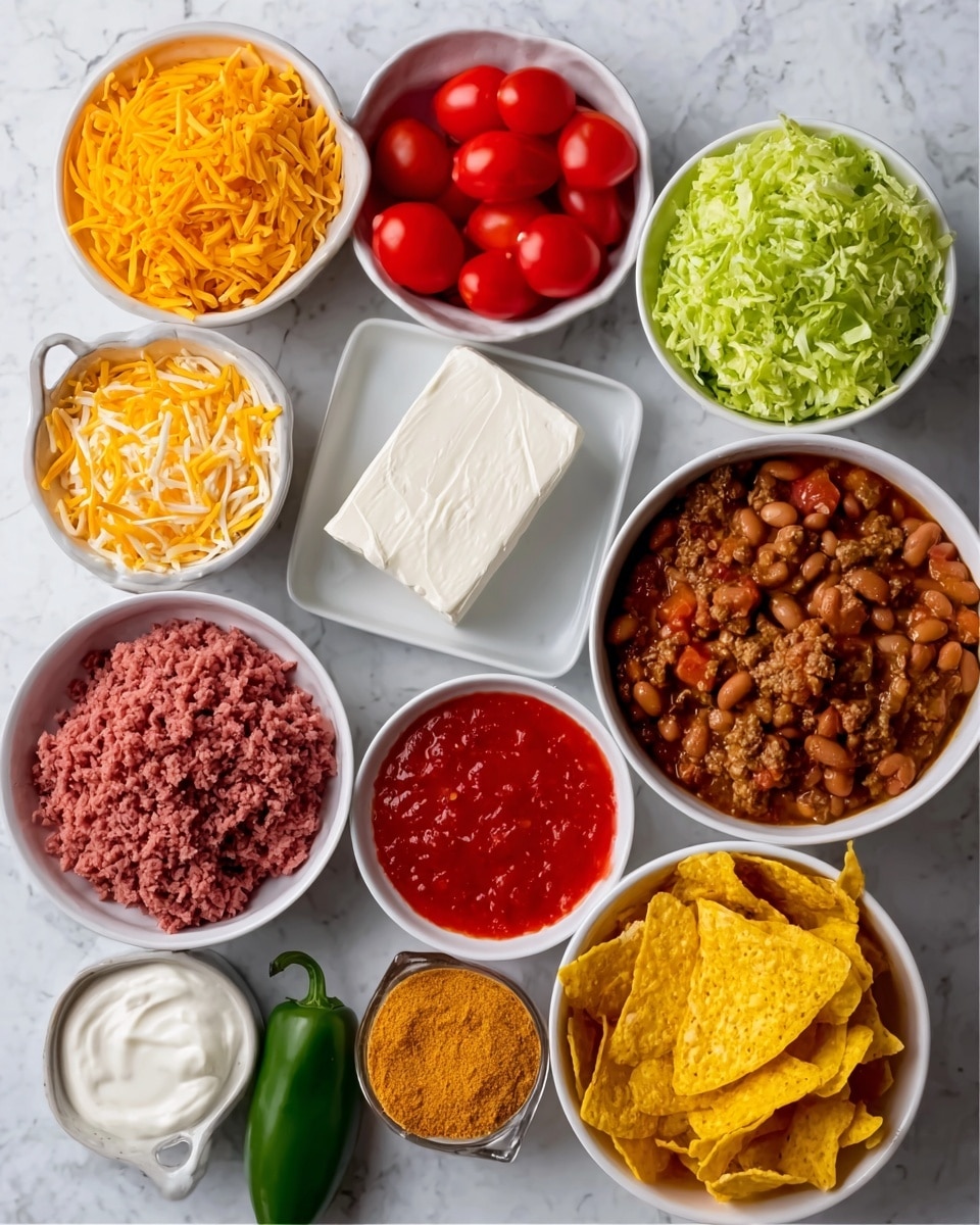 This image shows several white bowls arranged neatly on a white marbled surface, each holding different colorful ingredients. Starting from the top left, there is a bowl filled with shredded orange cheese, next to it a bowl of fresh green shredded lettuce. To the right, a bowl is full of shiny red cherry tomatoes. Below the cheese bowl is a bowl filled with cooked brown beans mixed with small chunks, and next to it, a bowl with bright red cooked tomatoes or salsa. Beside the salsa is a bowl of smooth white sour cream. Below the beans is a white square plate holding a block of white cheese. To the right of this plate, a larger bowl contains yellow corn chips. In the bottom left corner, minced raw beef sits in a white bowl, next to it a bowl filled with orange taco seasoning. A whole green jalapeño sits on the marble surface near the seasonings. The colors and textures create a vibrant and inviting display. Photo taken with an iphone --ar 4:5 --v 7