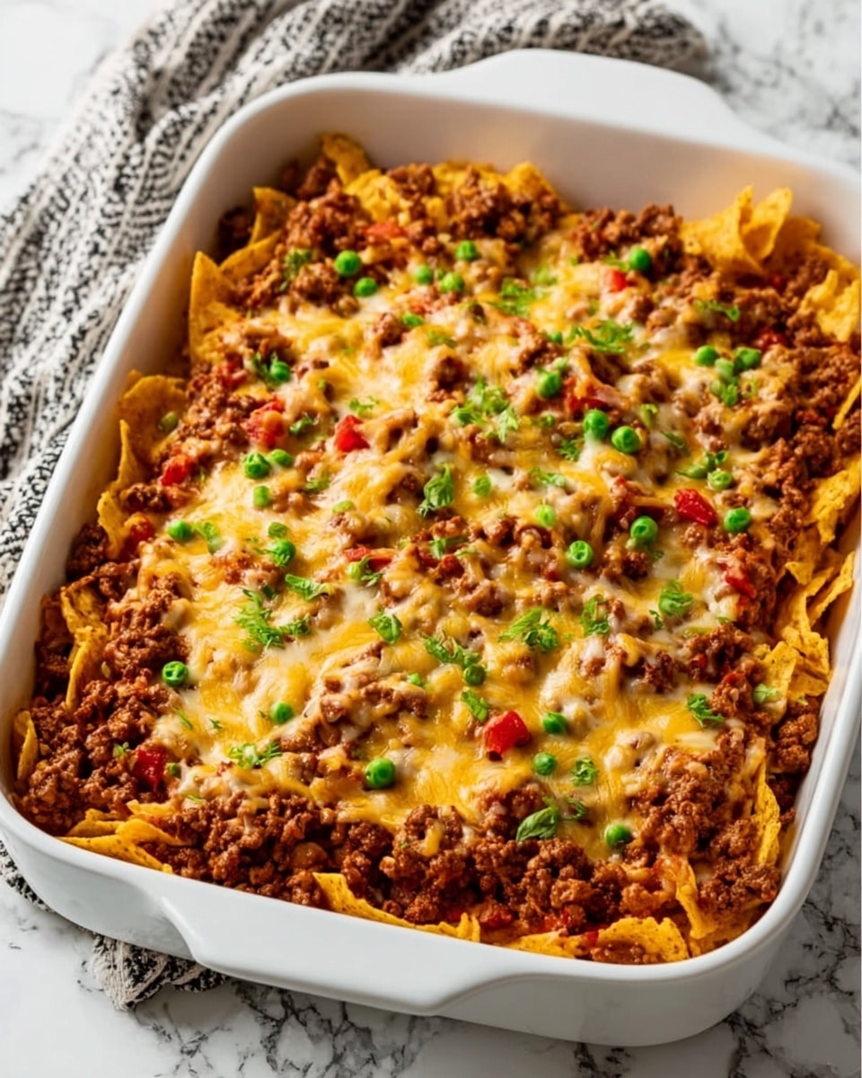 The image shows a white rectangular baking dish filled with a layered casserole. The bottom layer is crispy golden tortilla chips, topped with a thick layer of cooked ground beef mixed with diced green and red vegetables. Scattered melted light yellow cheese covers the beef layer unevenly, with a few bright green peas sprinkled on top. The dish rests on a white marbled surface beside a black and white patterned cloth. photo taken with an iphone --ar 4:5 --v 7