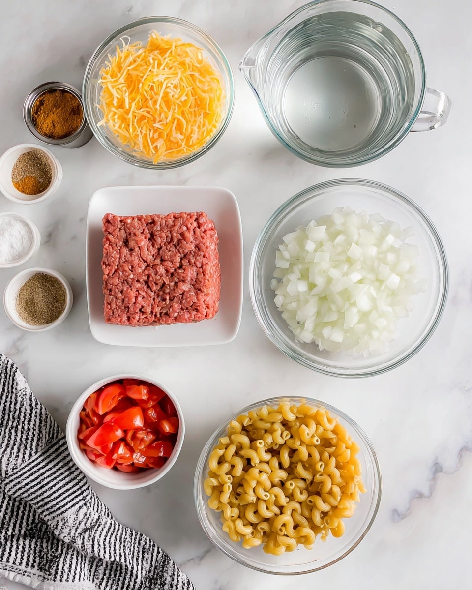 The image shows a top view of several cooking ingredients arranged neatly on a white marbled surface. In the center is a clear glass bowl with white chopped onions. To the right, a white bowl contains uncooked elbow macaroni pasta, golden-yellow in color. Below, a glass container holds a block of raw ground meat with a pinkish-red tone and a coarse texture. Above the onions, a small white bowl filled with shredded yellow cheese is visible. To the left, there is a small white bowl with a mix of brown and orange spices. Up above, a clear measuring cup filled with water is placed. Next to the spices and water, an open can reveals bright red diced tomatoes. A black and white striped cloth is partially visible in the bottom left corner. The layout is orderly, with clean, clear containers highlighting the colors and textures of each ingredient. photo taken with an iphone --ar 4:5 --v 7