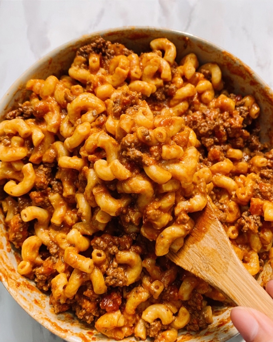 The image shows a close-up view of a dish with elbow macaroni pasta mixed with ground meat and a reddish-brown sauce. The texture looks creamy and thick, with the meat evenly spread throughout the pasta. A wooden spoon is scooping some of the macaroni mixture, held by a woman's hand visible on the right side. The colors include warm shades of orange, brown, and yellow from the sauce and pasta. The whole scene is set on a white marbled surface. photo taken with an iphone --ar 4:5 --v 7