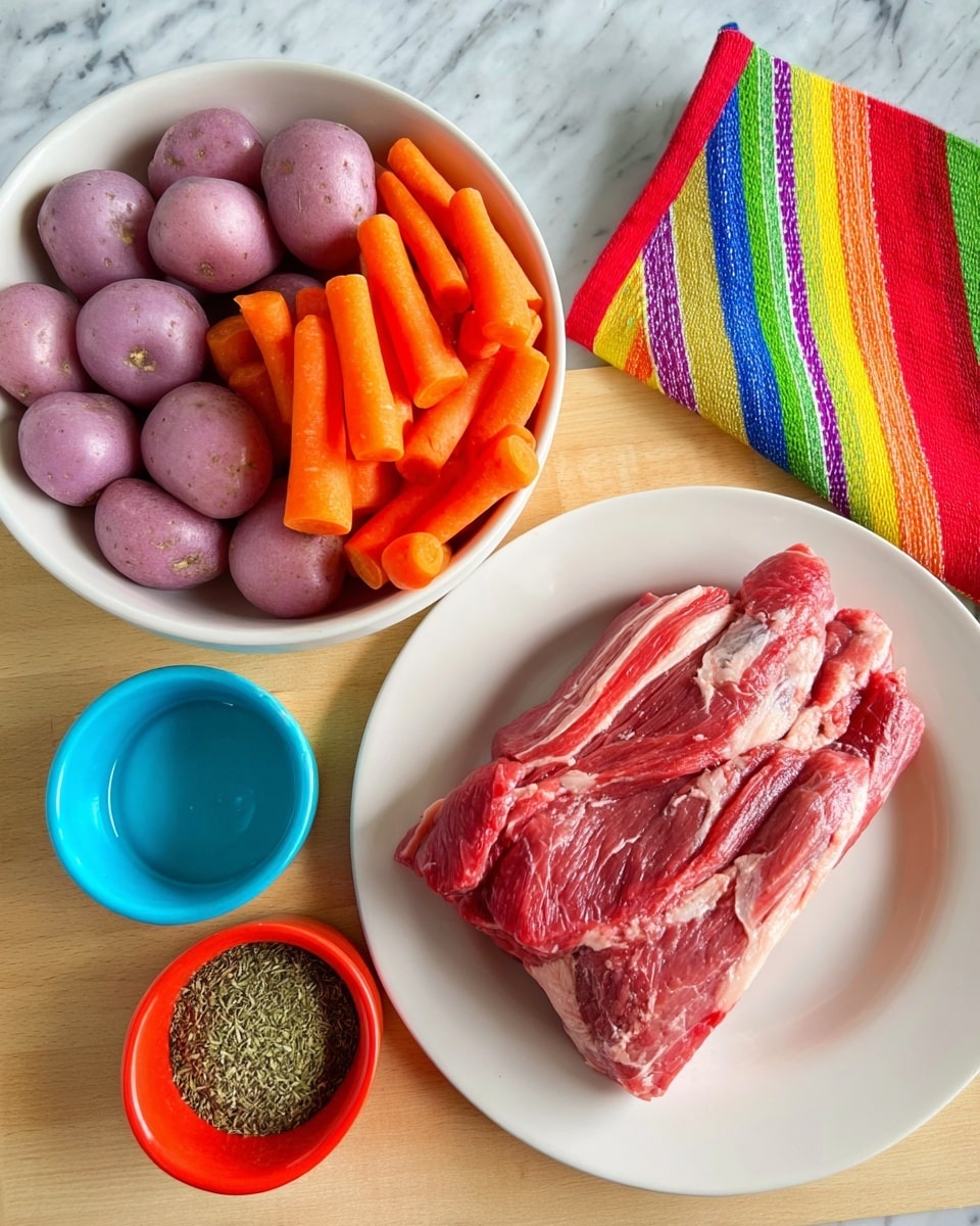 A white plate holds a large piece of raw red meat with white fat streaks scattered across its surface. To the left, a white bowl is filled with two layers: the bottom layer contains smooth, round light purple potatoes, and the top layer has bright orange baby carrots. Below the bowl, three small round bowls sit on a light wood surface: the left bowl is blue and holds clear liquid, the middle bowl is red with white salt and black pepper side by side, and the right bowl is green filled with mixed dried herbs. A colorful striped cloth with red, green, yellow, and orange stripes lies partially on the right side over the same surface, with the entire scene set on a white marbled background. Photo taken with an iphone --ar 4:5 --v 7