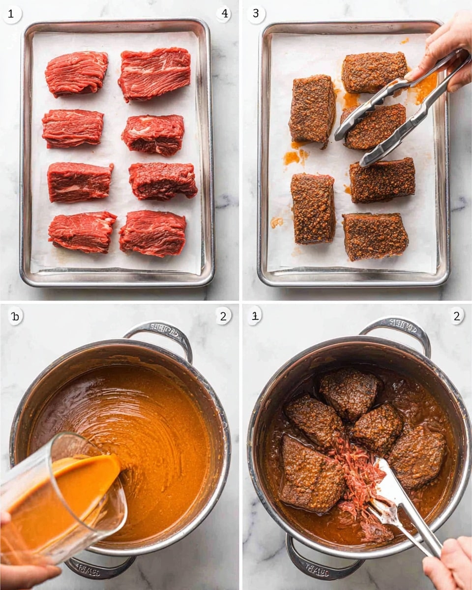 The image shows a series of six pictures documenting the cooking process of a beef dish. In the first picture, eight pieces of raw red beef are placed evenly on a metal tray lined with white paper, set on a white marbled surface. The second picture features three pieces of partially browned beef in a metal pot, with a pair of tongs lifting one piece to show a seared brown crust. The third picture shows eight beef pieces fully browned on the tray with white paper, each piece having a dark golden-brown crust and a textured surface. In the fourth picture, the browned beef pieces are inside the pot covered with a thick orange sauce being poured from a glass container. The fifth picture focuses on the pot filled with the beef pieces immersed in a rich, thick orange-brown sauce. In the sixth picture, the cooked beef pieces are spread on the tray again, with a woman's hand using two forks to pull apart and shred the meat into fibrous strands. The whole layout is on a white marbled surface. photo taken with an iphone --ar 4:5 --v 7