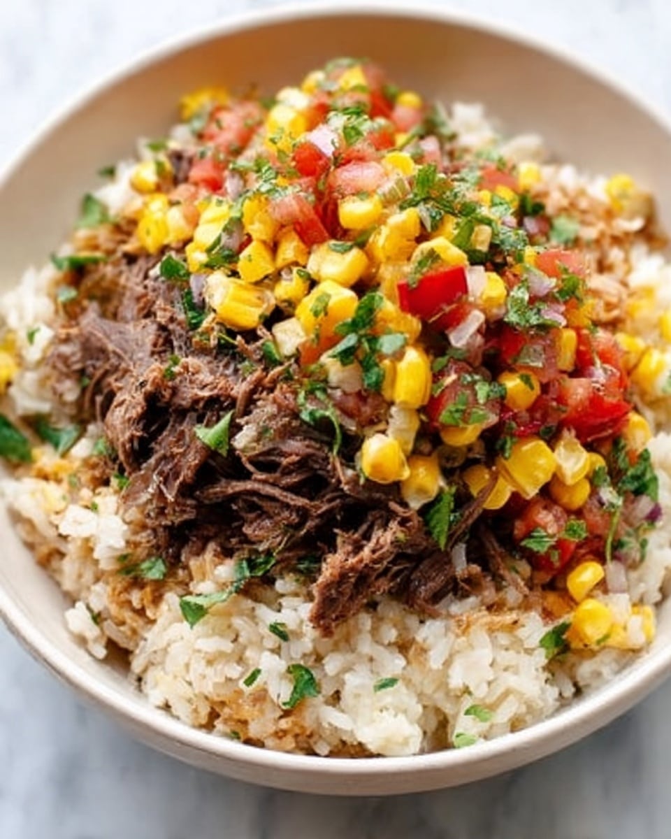 The image shows a white bowl filled with cooked rice at the bottom layer, topped with shredded dark brown meat in the middle, and a colorful mixture of yellow corn, red diced tomatoes, and small pieces of green herbs on top. The textures range from soft rice at the base, tender meat in the center, to fresh, juicy vegetables on the upper layer. The bowl sits on a white marbled surface. photo taken with an iphone --ar 4:5 --v 7