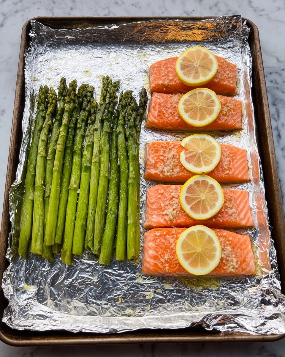 The image shows a baking tray covered with aluminum foil set on a white marbled surface. On the right side of the tray, there are four pieces of orange-colored salmon fillets arranged in a vertical line, each topped with a thin round lemon slice. On the left side, there is a bunch of green asparagus stalks also arranged vertically. The textures show the freshness and natural colors of the salmon and asparagus. Photo taken with an iphone --ar 4:5 --v 7