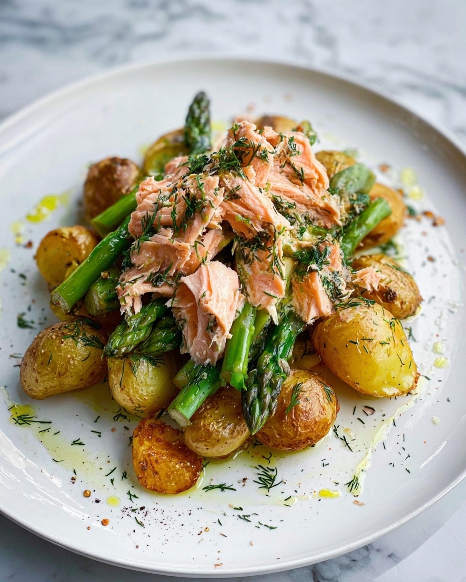 A white plate on a white marbled surface holds a dish with three main layers. The bottom layer is made of golden-brown roasted small potatoes with crispy edges and soft centers. On top of the potatoes, there are bright green asparagus spears arranged in a small bunch. The top layer consists of light pink pieces of cooked salmon, flaky and sprinkled with green herbs, likely dill, adding a fresh touch. The dish is finished with a drizzle of oil and a light sprinkle of black pepper and herbs around everything. photo taken with an iphone --ar 4:5 --v 7
