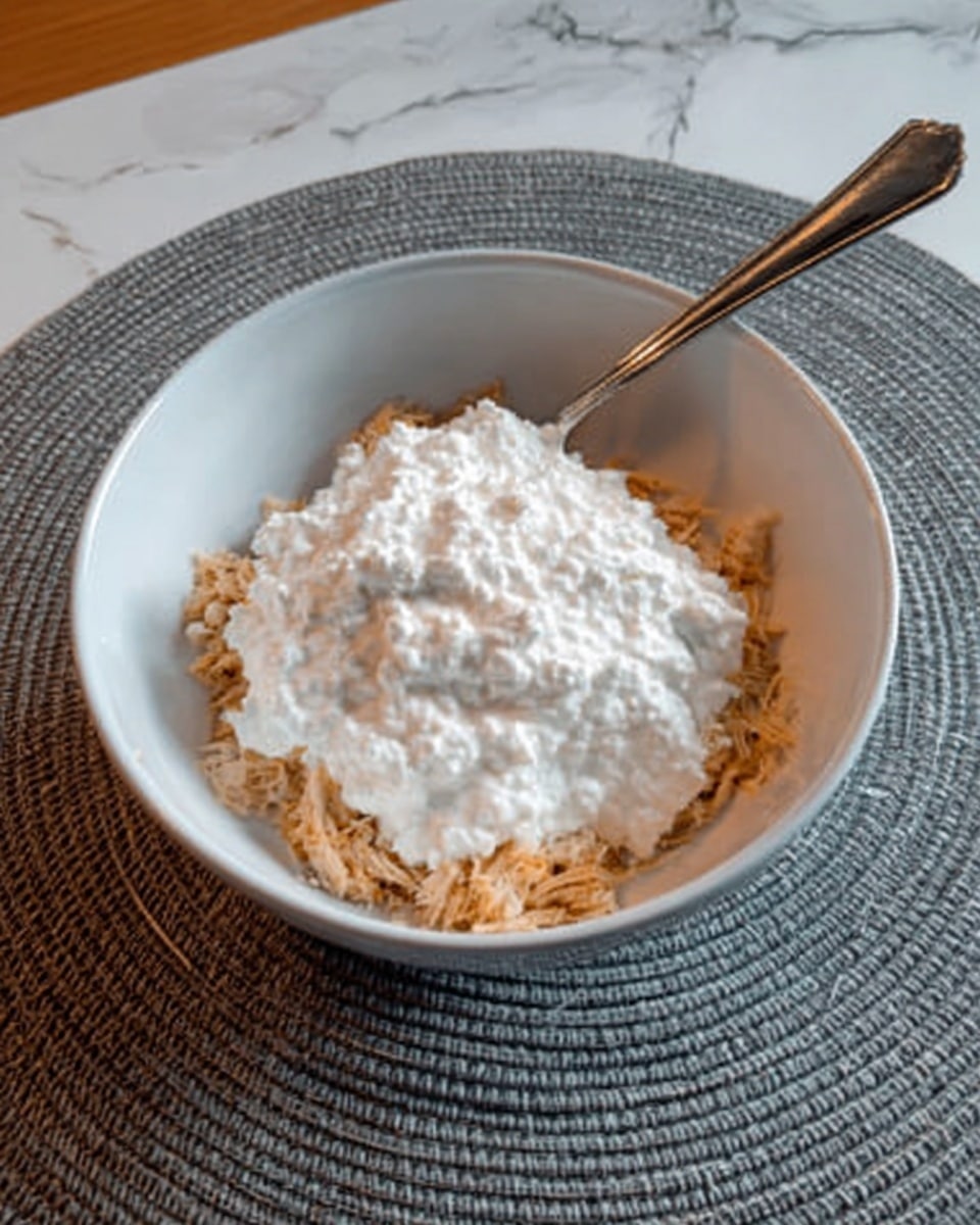 The image shows a white bowl filled with shredded cooked chicken at the bottom layer. On top of the chicken, there is a thick layer of white cottage cheese with a lumpy texture. A spoon is placed inside the bowl, partially covered by the cottage cheese. The bowl is sitting on a woven gray placemat, and the surface beneath has a white marbled texture. Photo taken with an iphone --ar 4:5 --v 7