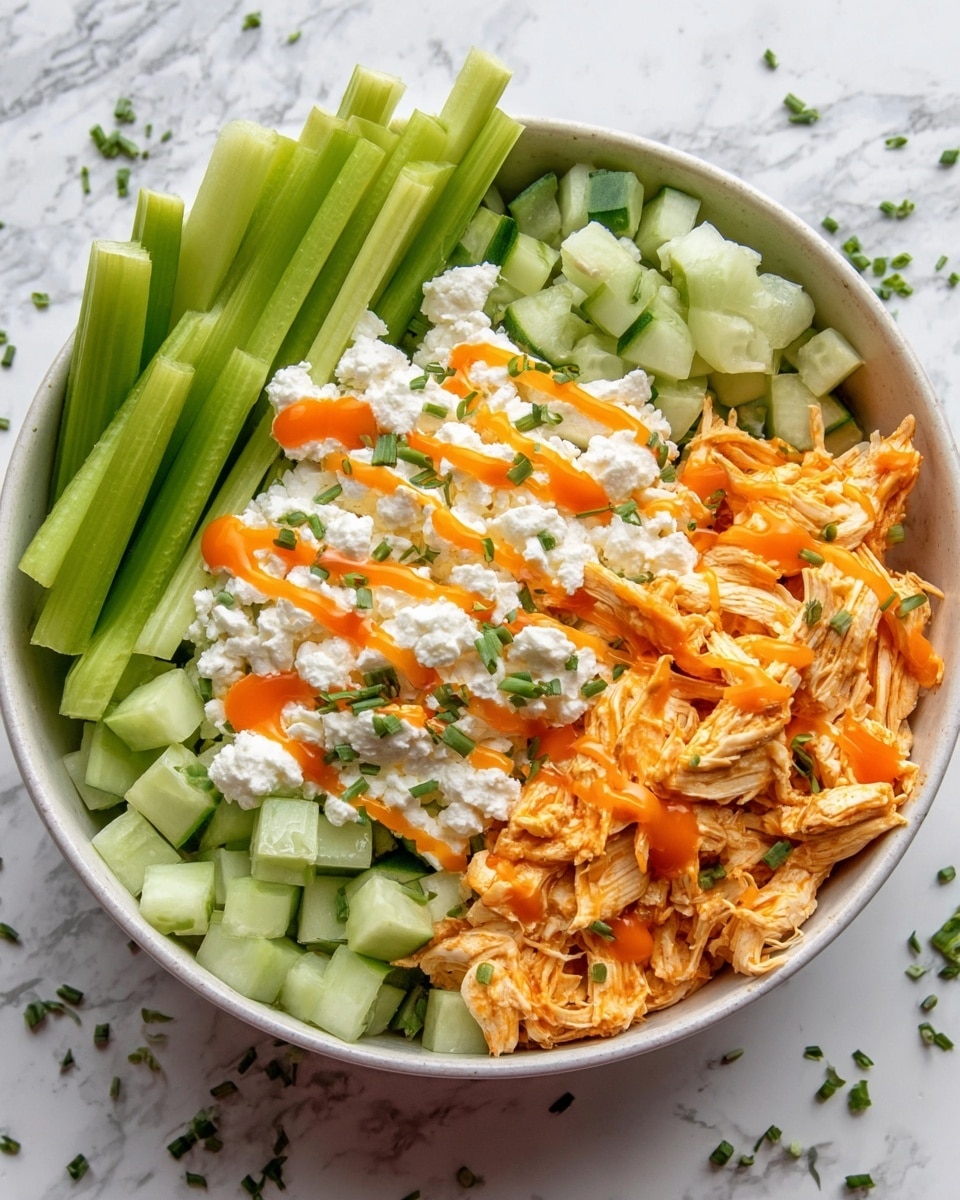 A white bowl filled with four distinct layers arranged neatly, starting from the left with long green celery sticks, followed by small green cucumber cubes next to it, then a central layer of white cottage cheese topped with orange sauce drizzles, and on the right side shredded cooked chicken in a light orange color. The bowl is placed on a white marbled surface. Small green chopped herbs are sprinkled over the cottage cheese and chicken layers. Photo taken with an iphone --ar 4:5 --v 7