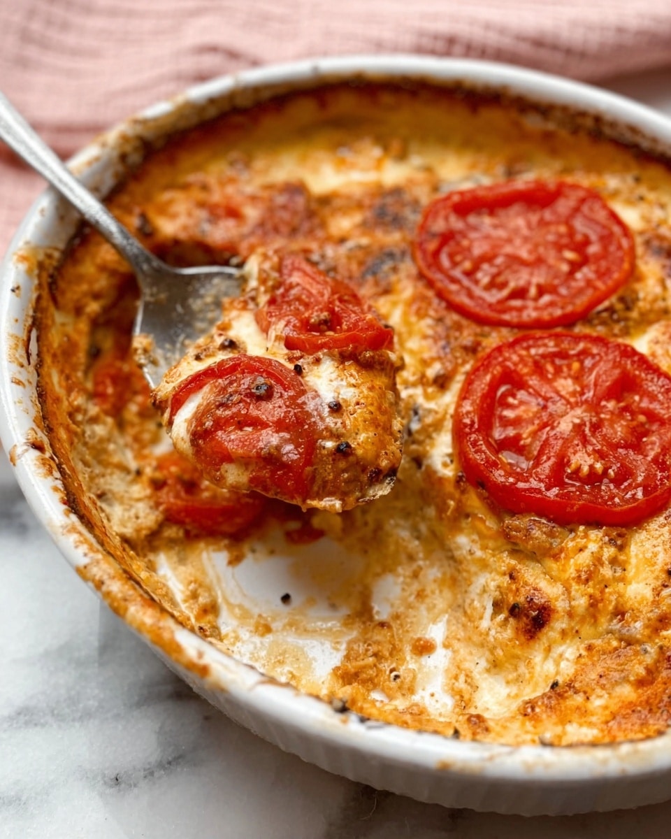 The image shows a close-up of a white oval dish with one spoonful taken out, revealing two thick red tomato slices on top of a golden brown baked mixture that looks creamy and slightly textured with bits inside, likely cheese and spices. The edges of the dish have some leftover sauce and baking marks. In the spoon, you can see a portion of the creamy mixture with another thick tomato slice on top. The background is a white marbled surface with a pinkish cloth partially visible at the top. photo taken with an iphone --ar 4:5 --v 7