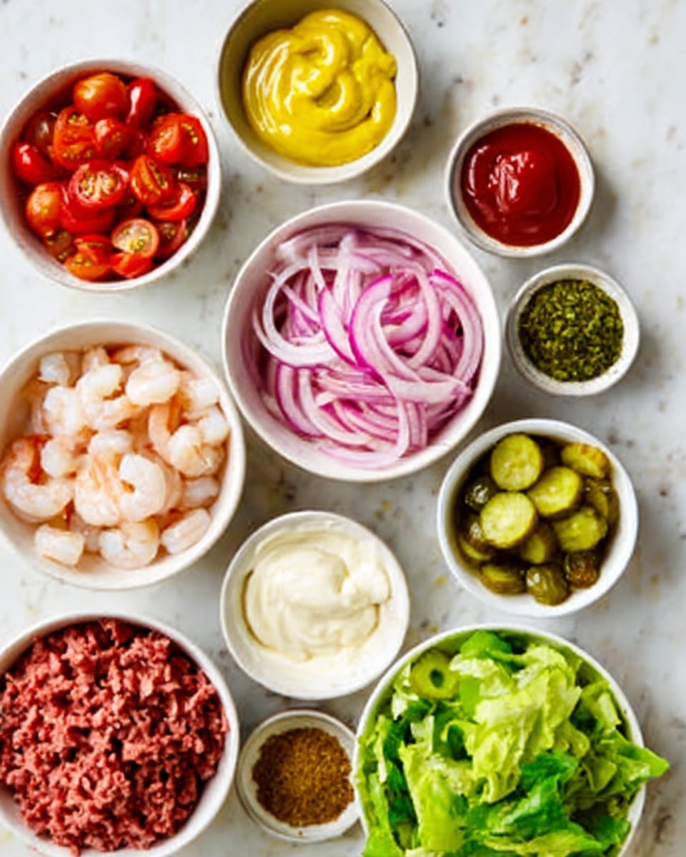 The image shows several white bowls arranged on a white marbled surface, each filled with different ingredients. Starting from the top left, there is a bowl with sliced cherry tomatoes, next to it a bowl filled with yellow mustard sauce, and on the right, three small white bowls contain spices and green sauce. Below the tomatoes are slices of pickles in a bowl, beside it a bowl with thinly sliced red onions. In the center, a bowl contains white shrimp, and next to it, a bowl with a creamy white sauce. At the bottom left, there is a bowl with red ground meat, and on the bottom right, a bowl filled with green leafy lettuce. Near the ground meat is a bowl with red ketchup. The overall colors are vibrant with reds, greens, yellows, and whites clearly visible. Photo taken with an iphone --ar 4:5 --v 7