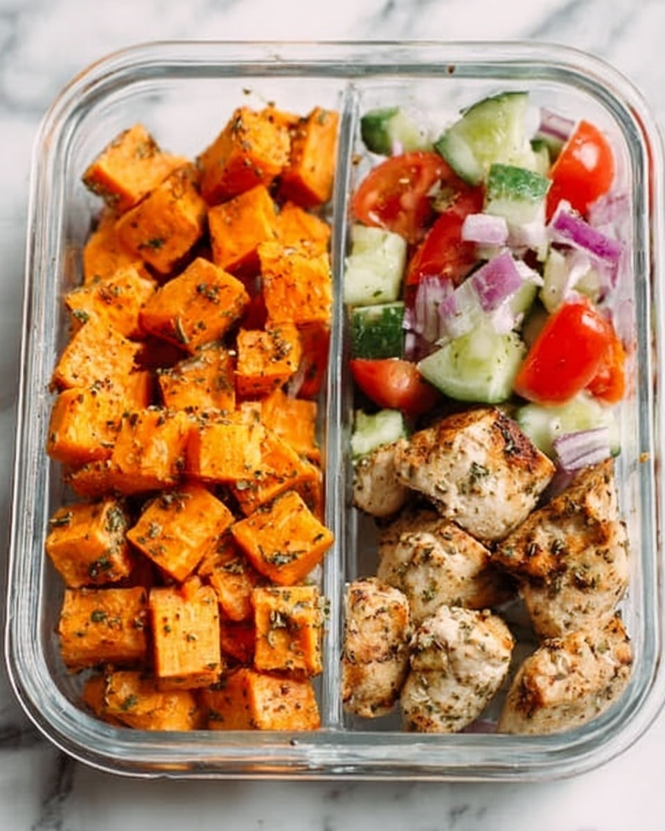 The image shows a clear rectangular glass container with three sections of food neatly arranged. On the left side, cubed orange sweet potatoes with a slightly crispy texture and specks of seasoning are packed together. In the middle, there is a fresh salad made of red tomato pieces, green cucumber chunks, and small pieces of purple onion, creating a colorful mix. On the right side, there are grilled pieces of light brown chicken seasoned with visible herbs. The container rests on a white marbled surface. Photo taken with an iphone --ar 4:5 --v 7
