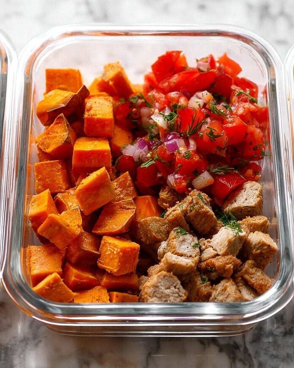 A clear glass container is divided into three sections layered with different foods. On the left, there are small cubed pieces of cooked orange sweet potatoes with a slightly crisp texture. In the middle, a fresh tomato salad made of bright red diced tomatoes mixed with bits of green dill herbs. On the right, there are small chunks of light brown cooked meat with a soft texture. The container is resting on a white marbled surface. photo taken with an iphone --ar 4:5 --v 7