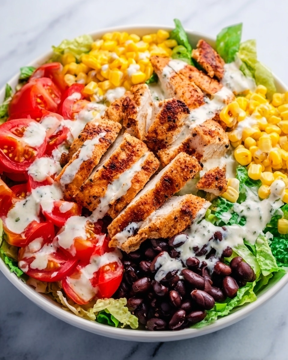 This image shows a white bowl filled with many colorful layers. Starting from the bottom, there is a base of green lettuce leaves, topped with sliced red tomatoes on the left side. Next to the tomatoes, there are bright yellow corn kernels. In the center, pieces of grilled chicken with a light brown crispy texture are neatly arranged in a row. Scattered black beans sit below the chicken on the right side. A creamy white sauce is drizzled over the chicken and some parts of the vegetables. The bowl is placed on a white marbled surface. Photo taken with an iphone --ar 4:5 --v 7