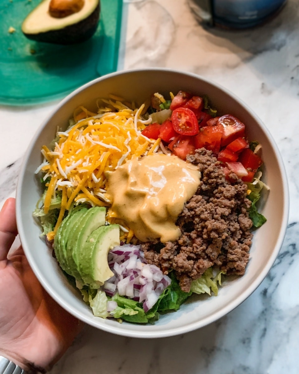 A white bowl filled with a colorful layered dish sits on a white marbled surface. The bowl contains ground beef in one section, a scoop of creamy light brown sauce on top of the beef, bright red tomato pieces mixed with small white onion chunks beside the sauce, and green slices of avocado next to that. There is also a layer of shredded yellow and white cheese and some fresh green leafy vegetables at the bottom. A woman's hand holds the bowl from the bottom right corner. In the background, there is a green cutting board with a half avocado and an avocado pit. Photo taken with an iphone --ar 4:5 --v 7