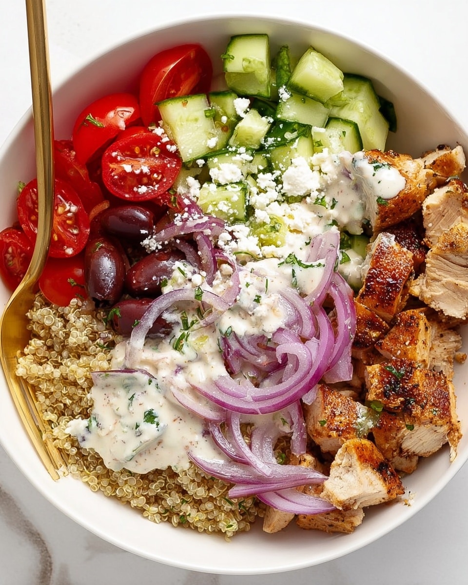 A white bowl with six layers arranged next to each other: at the top right, pieces of grilled golden-brown chicken; below this, bright green cucumber chunks; in the middle, thin purple onion slices; bottom left, dark purple olive halves; left side, a light brown quinoa base partly covered with a creamy white sauce with green herb bits; top left, bright red tomato pieces. White crumbs of feta cheese are sprinkled over the entire bowl, which sits on a white marbled surface, and a gold fork rests inside the bowl on the left side. Photo taken with an iphone --ar 4:5 --v 7