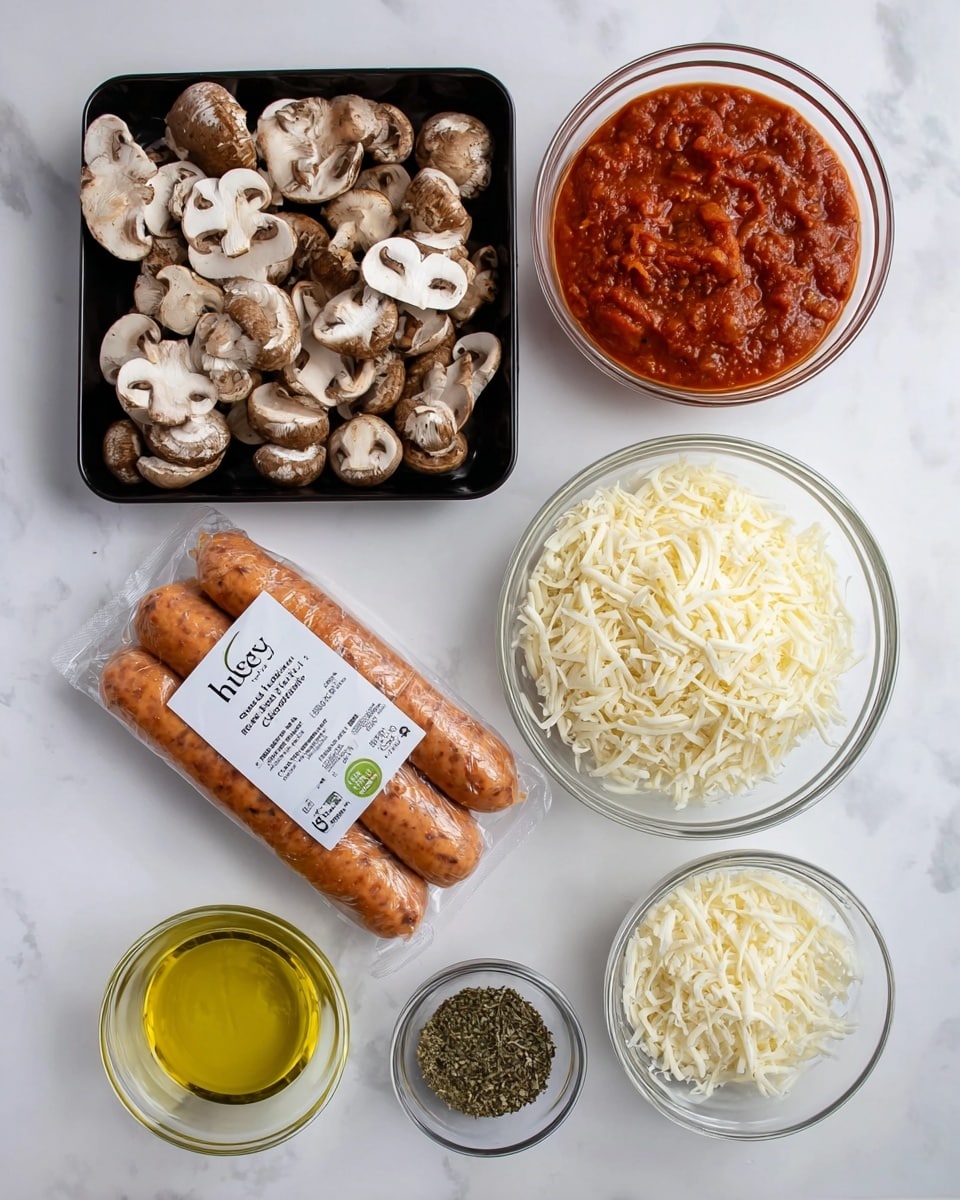 The image shows six food items on a white marbled surface. At the top left, there is a black plastic tray with sliced brown and white mushrooms. To the right of it, there is a round clear glass bowl filled with chunky red tomato sauce. Below the mushrooms, a vacuum-sealed pack of four orange-brown sweet Italian chicken sausages with a white label is placed. To the right of the sausages, there is a larger round clear glass bowl full of shredded white cheese. At the bottom left, a small clear bowl holds yellow olive oil. Next to it is another small clear bowl with mixed dried green and red herbs, and to the right of that, a small clear bowl with finely grated white cheese. photo taken with an iphone --ar 4:5 --v 7