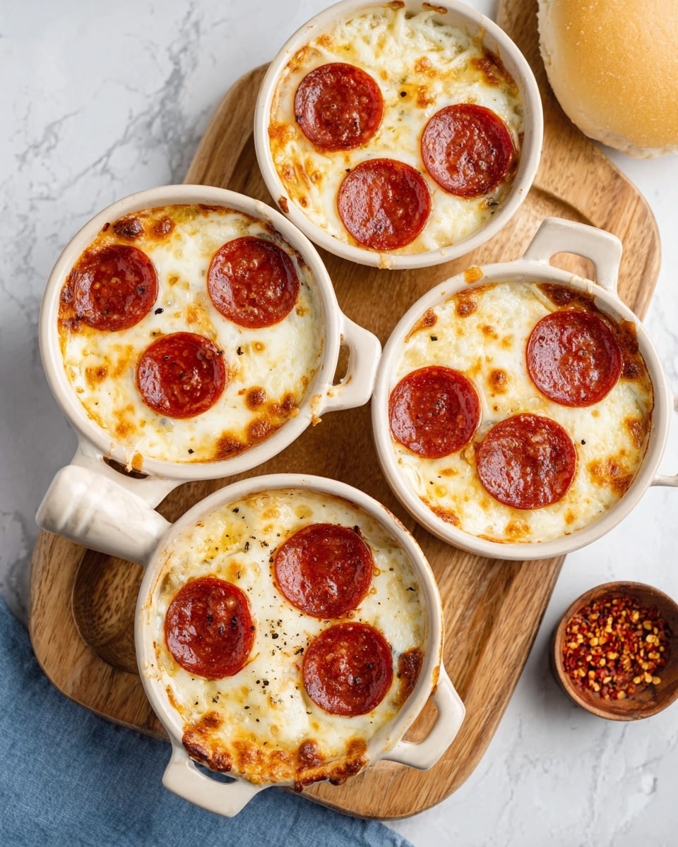 The image shows four small white ceramic dishes filled with a baked cheesy dish topped with three round pepperoni slices each. The melted cheese layer is creamy white with light brown spots from baking, and it fills most of each dish. The pepperoni slices are deep red with slightly darker edges, evenly spaced on the cheese surface. These dishes are arranged on a wooden board with a light brown color and visible grain texture. On the top right, there is a white round bread bun with a soft crust, and a small bowl of red chili flakes sits near the bottom right on the white marbled textured surface. A woman's hand is partly visible, resting beside the board. Photo taken with an iphone --ar 4:5 --v 7