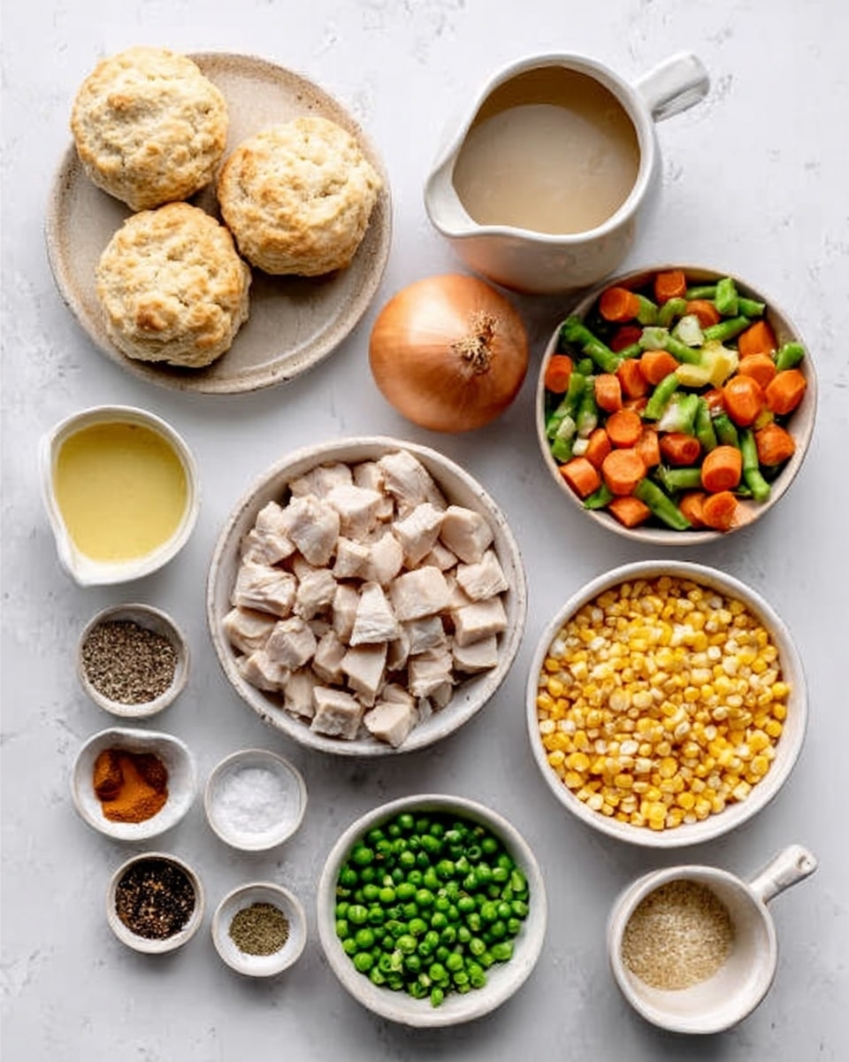 The image shows a white marble surface with various small white bowls and plates arranged neatly in a flat lay. There are four round biscuits with a golden brown top and flaky texture stacked on the upper left. Below, a white bowl is filled with small cubed cooked chicken pieces that are light beige. To the right of the chicken, there is a bowl with mixed colorful frozen vegetables including orange carrots, green beans, and corn kernels. Next to it, a round onion sits whole on the marble surface. Below that, a small bowl of golden corn kernels is placed. There is also a small white bowl with a light yellow liquid, likely broth. On the bottom row, small bowls hold green chopped vegetables, brown spices, black pepper, and white salt. A white pitcher holds creamy white gravy. The setup is bright, clean, and organized, capturing all the ingredients clearly in natural light. Photo taken with an iphone --ar 4:5 --v 7