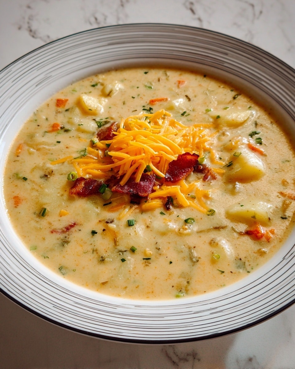 The image shows a creamy soup served in a white bowl with fine black lines near the edges, placed on a white marbled surface. The soup has a thick texture, pale beige color with visible chunks of light yellow potatoes, small pieces of orange carrots, green herbs, and bits of brown bacon. On top of the soup, there is a small pile of shredded cheese with orange and white strands in the center, adding a pop of color to the dish. The surface of the soup looks smooth and slightly shiny. photo taken with an iphone --ar 4:5 --v 7