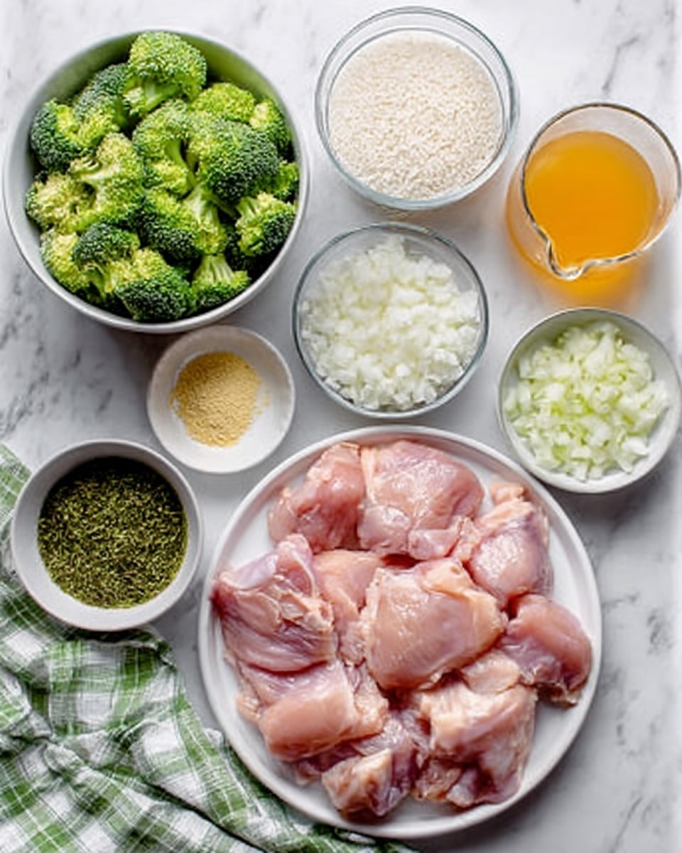 The image shows an overhead view of raw chicken pieces laid out on a white plate. Around the plate, there is a bowl of broccoli florets, a bowl of white rice, a small bowl of diced onions, a small bowl of light yellow powder, a small bowl of green herbs, and a clear glass cup filled with an orange liquid. All items are placed on a white marbled surface with a green and white checkered cloth nearby. Photo taken with an iphone --ar 4:5 --v 7