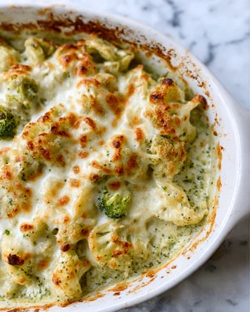 The image shows a white baking dish filled with a creamy baked cauliflower dish. The top layer has browned melted cheese with light golden spots and a slightly bubbly texture. Underneath, pieces of cauliflower and small green broccoli florets peek through a thick, pale sauce with herbs scattered around. The edges of the dish show some browned bits where the cheese and sauce have caramelized slightly. The background is a white marbled surface. Photo taken with an iphone --ar 4:5 --v 7