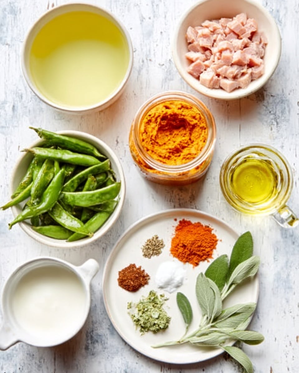 The image shows six white dishes and one small glass cup on a white marbled surface. The top left has a white bowl with light yellow broth, next to it a white bowl filled with small pink chunks of meat. Below, there is an open jar with orange paste, beside it a white bowl with fresh green snap peas. Below to the left, a white cup holds white cream or yogurt. At the center right, a large white plate holds small piles of spices and herbs: a small mound of orange paste, a tiny pile of coarse brown spices, a small heap of pale green leafy herbs, a small glass of light yellow oil, and a few fresh green sage leaves. A woman's hand is reaching from the right side. Photo taken with an iphone --ar 4:5 --v 7