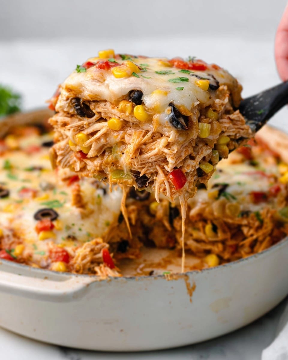 The image shows a close-up of a white pan filled with a layered dish, where a woman's hand is lifting a scoop of food with a black spatula. The dish has multiple layers including shredded chicken mixed with small pieces of red and green bell peppers, black olives, and yellow corn. The top layer is melted cheese that looks creamy and slightly browned in some spots. The background and surface are white marble, adding brightness to the picture. The food looks moist and colorful, with a mixture of soft textures from the cheese and chicken. Photo taken with an iphone --ar 4:5 --v 7