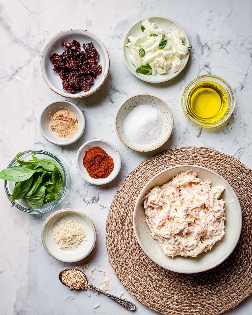A top view of several small white bowls and plates arranged on a white marbled surface. The largest white bowl on the right side contains a creamy mixture with a pinkish and white texture. Surrounding it are smaller white bowls and plates holding various ingredients: dark red dried clusters, finely chopped white bits, reddish-orange powder, white powder, fresh green leaves, a yellow oily liquid, coarse white salt, and a small spoon with light brown seeds. The bowls are arranged neatly, some placed on a round woven mat. photo taken with an iphone --ar 4:5 --v 7