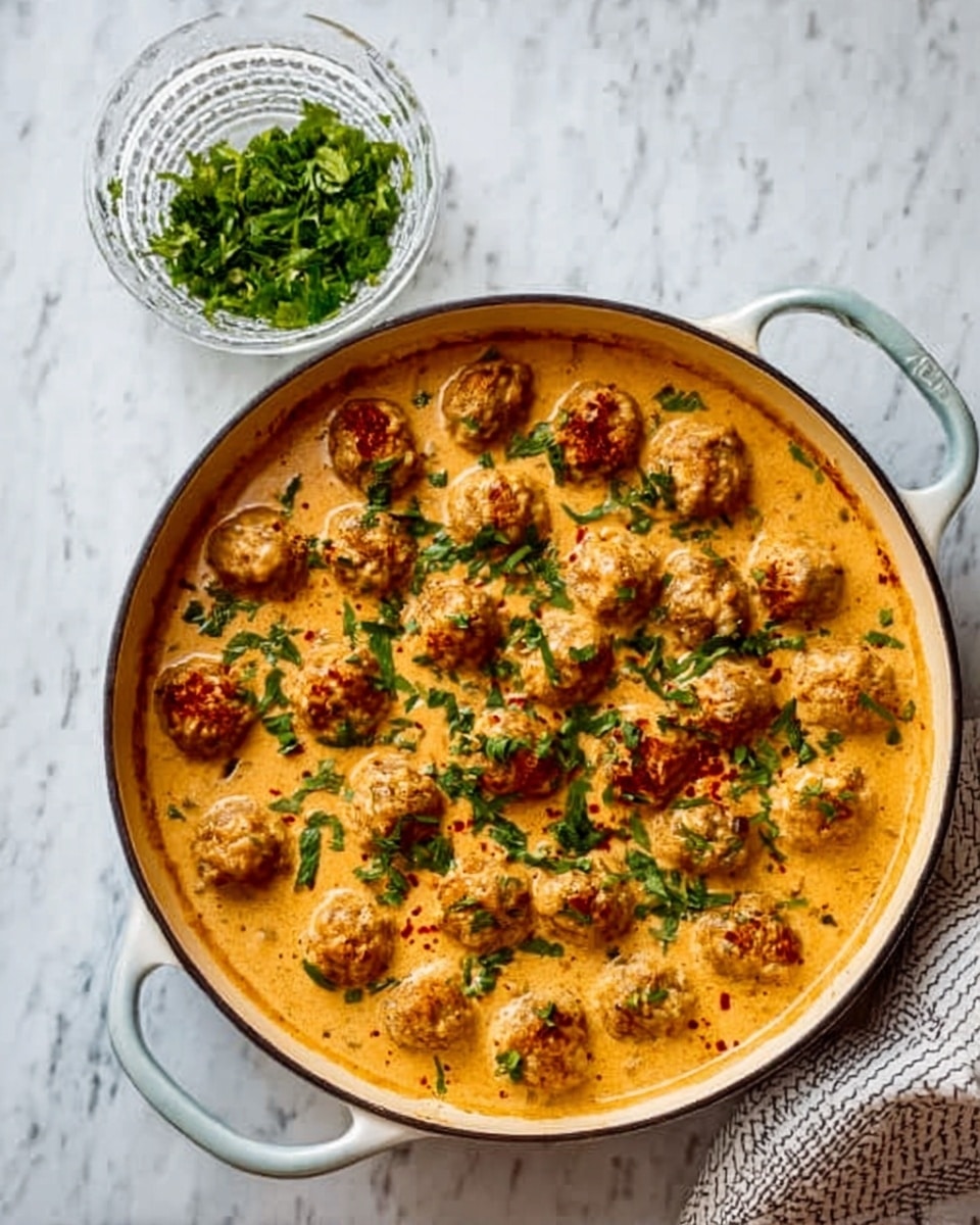 A white cast iron pan filled with small round golden brown meatballs in a creamy orange sauce with specks of spices. The top of the dish is garnished with chopped fresh green herbs. Next to the pan is a small clear bowl filled with more chopped green herbs. Everything is on a white marbled surface. The photo was taken with an iphone --ar 4:5 --v 7
