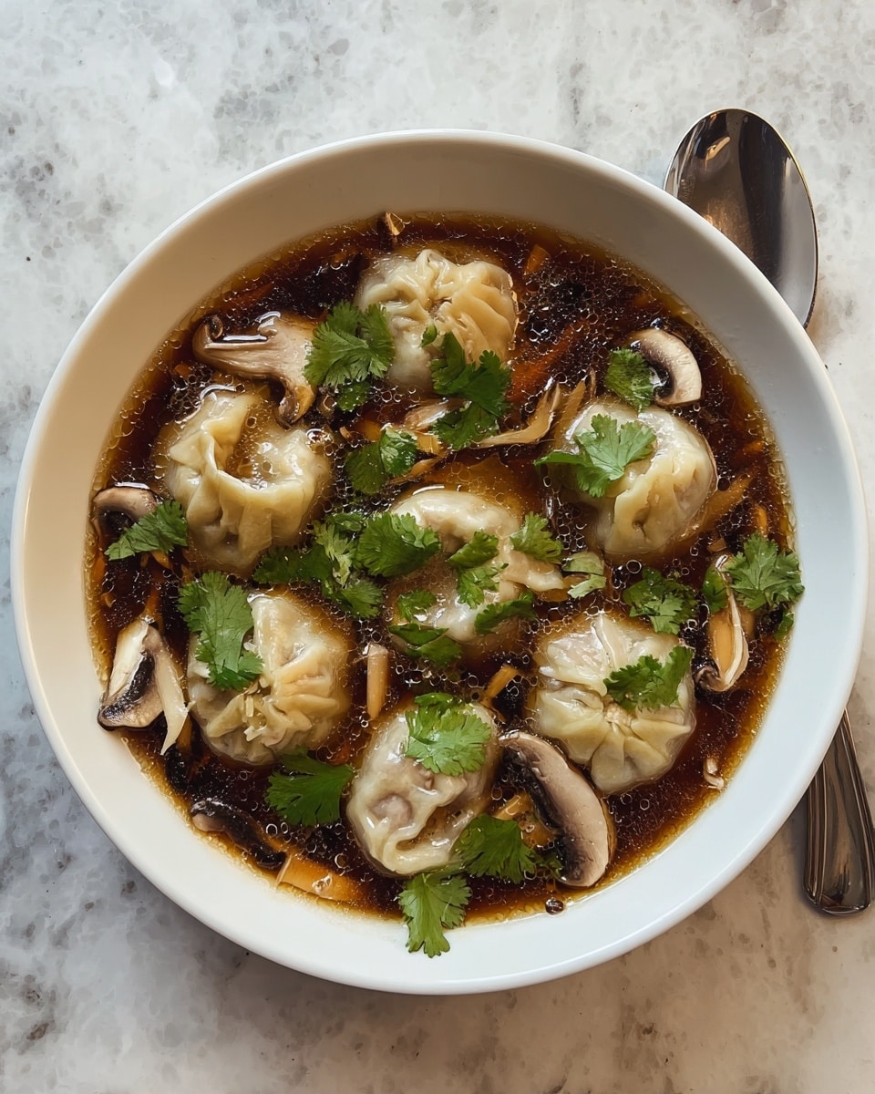 A white bowl is filled with six round dumplings floating in a dark brown broth. The broth contains visible pieces of thinly sliced mushrooms and some shredded light-colored vegetables. Fresh green cilantro leaves are scattered on top of the dumplings and broth for garnish. The bowl rests on a white marbled surface next to a silver spoon. The image has natural, soft lighting, showing the textures of the dumpling skins, the broth’s shine, and the leafy herbs clearly. photo taken with an iphone --ar 4:5 --v 7